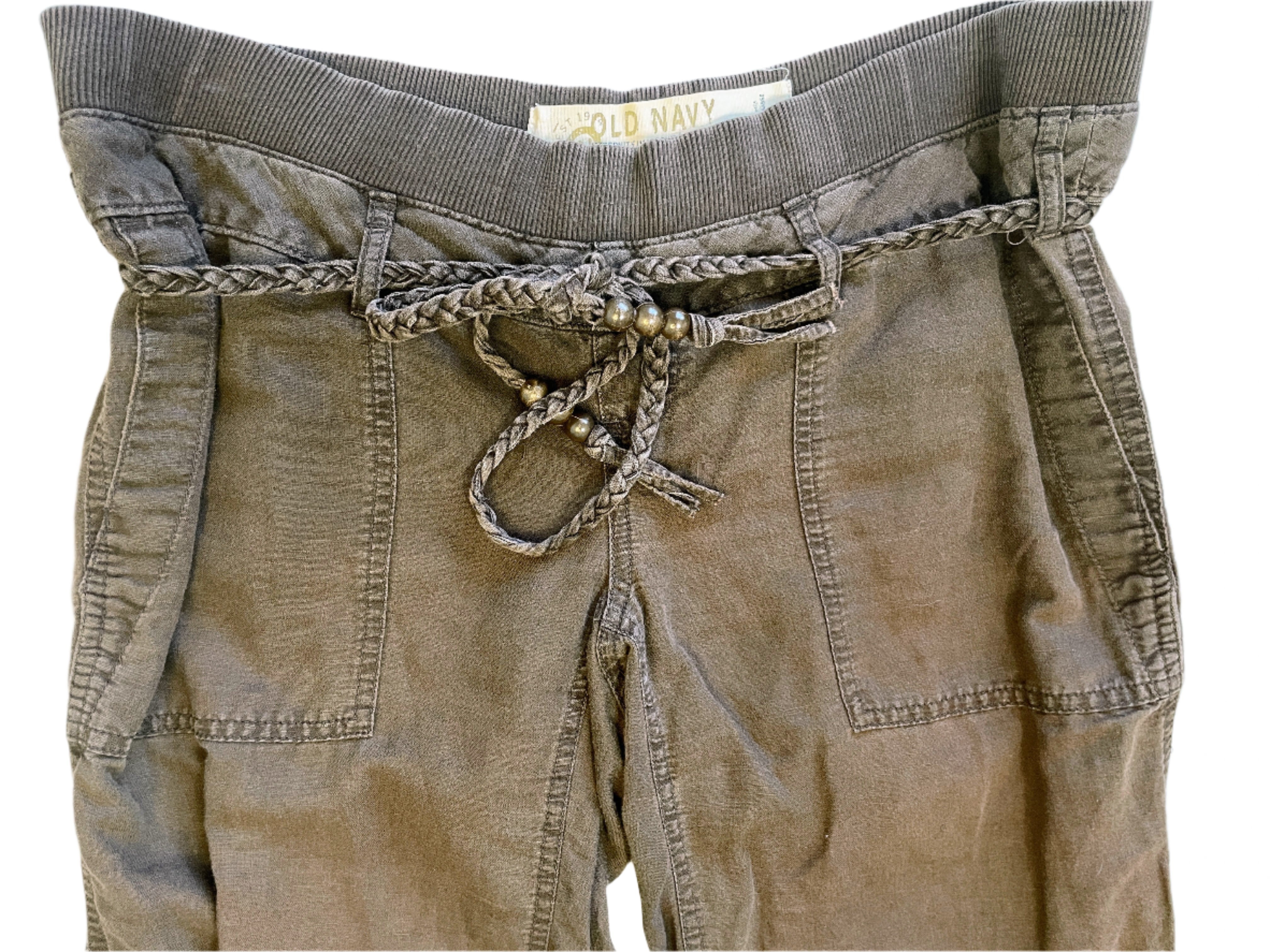 Old Navy maternity capri pants in brown linen-cotton blend, with elastic waistband, braided belt, and buttoned back pockets