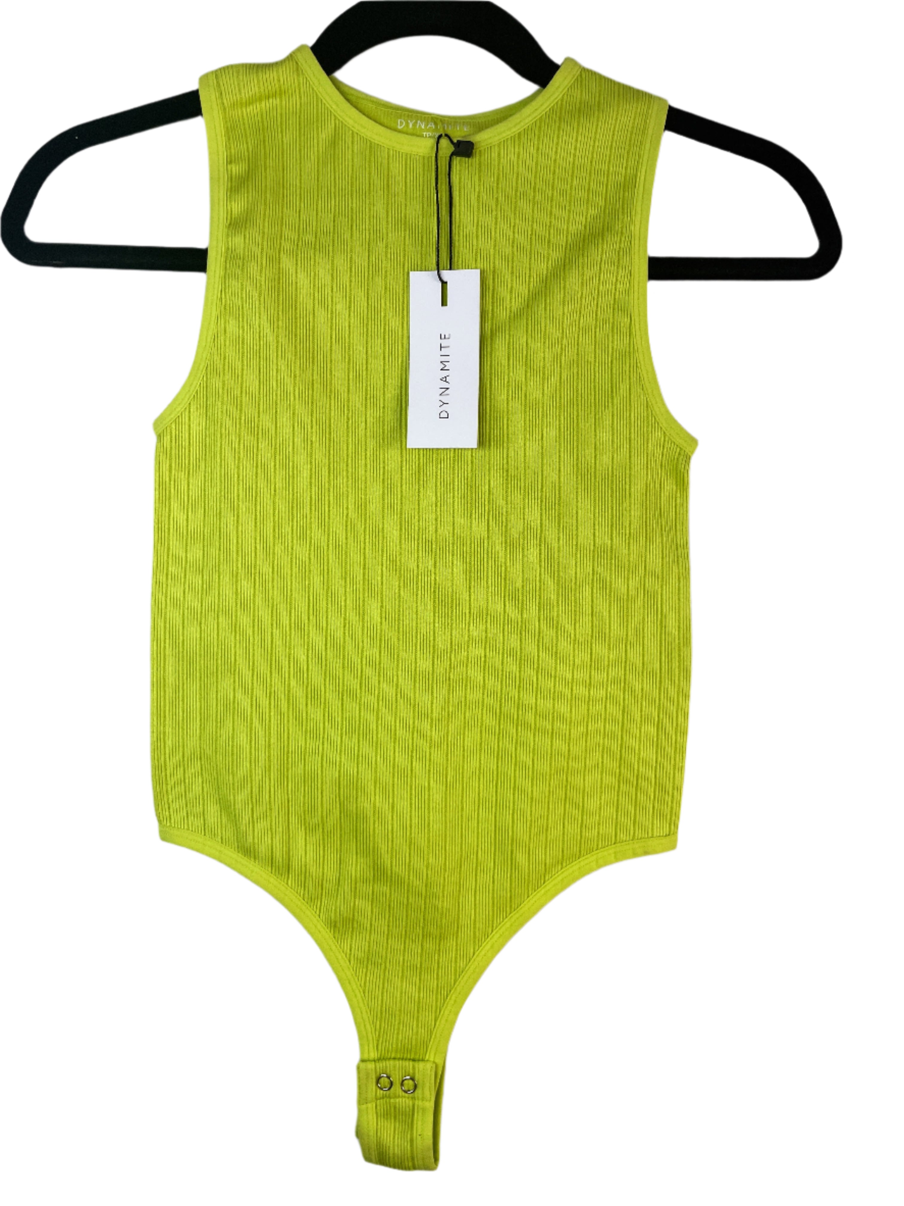 Lime green ribbed bodysuit on a hanger with a visible brand tag against a white background