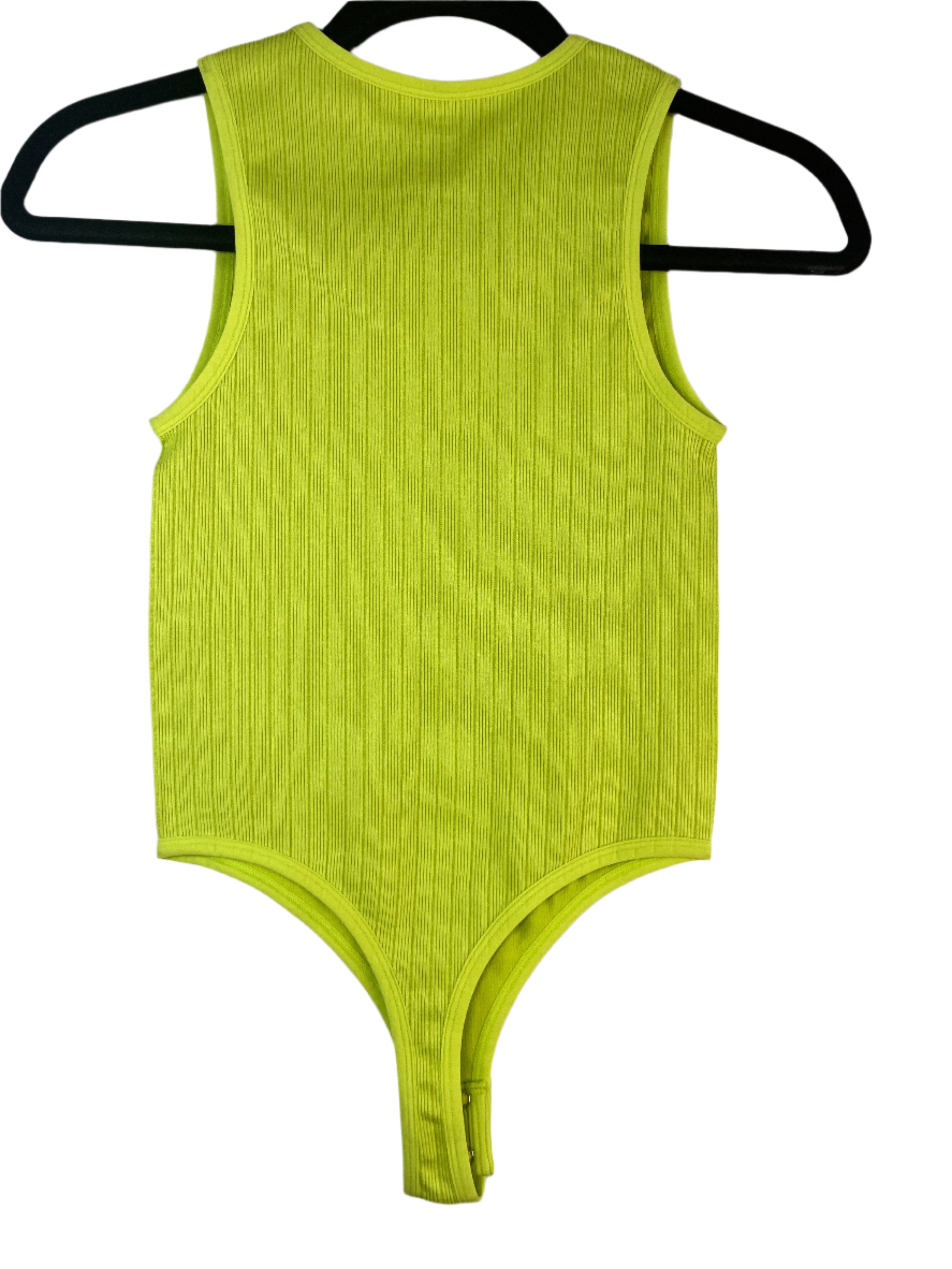 Lime green ribbed swimsuit on a hanger against a gray background