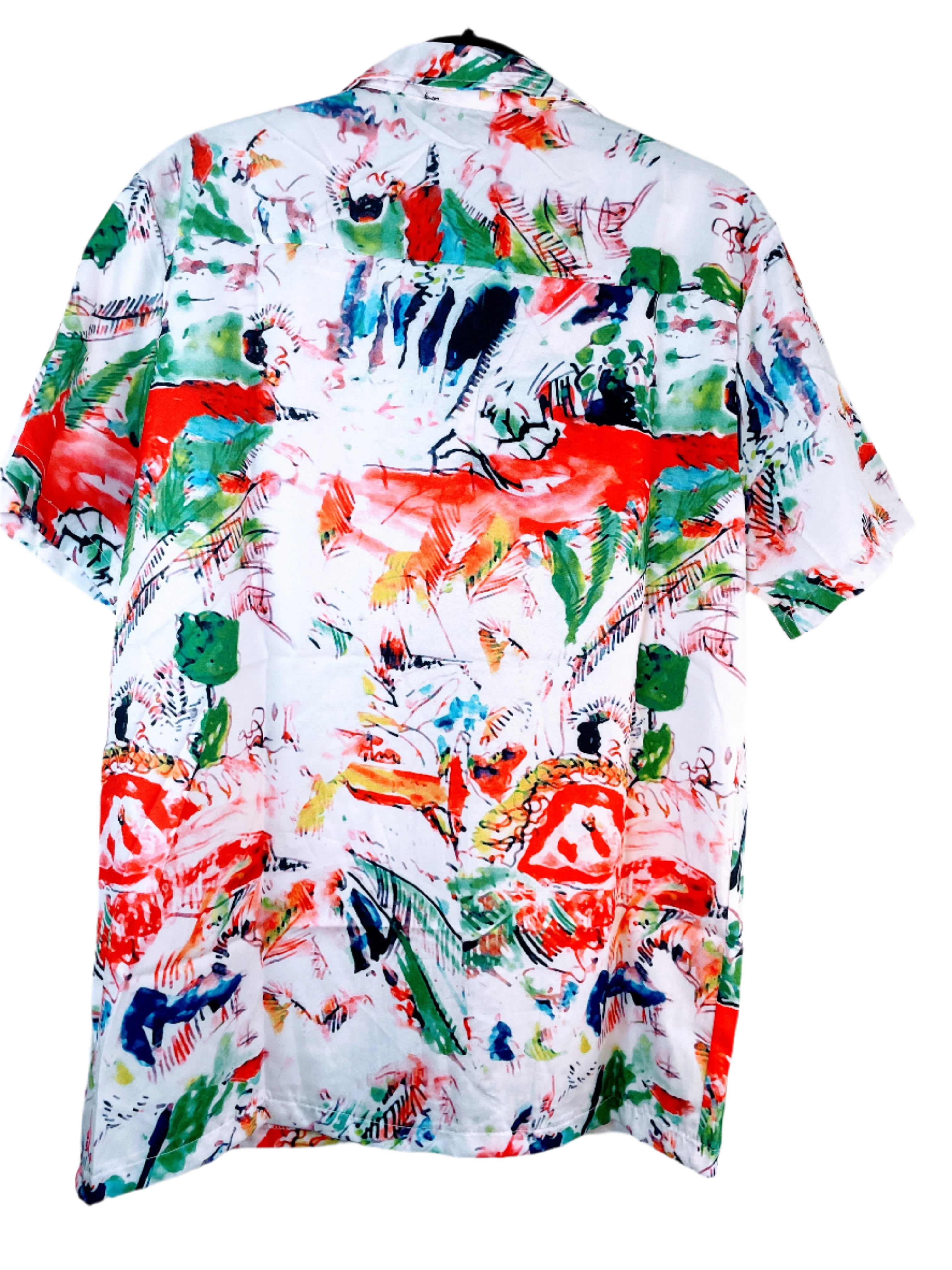 Colorful abstract patterned shirt on a light gray background