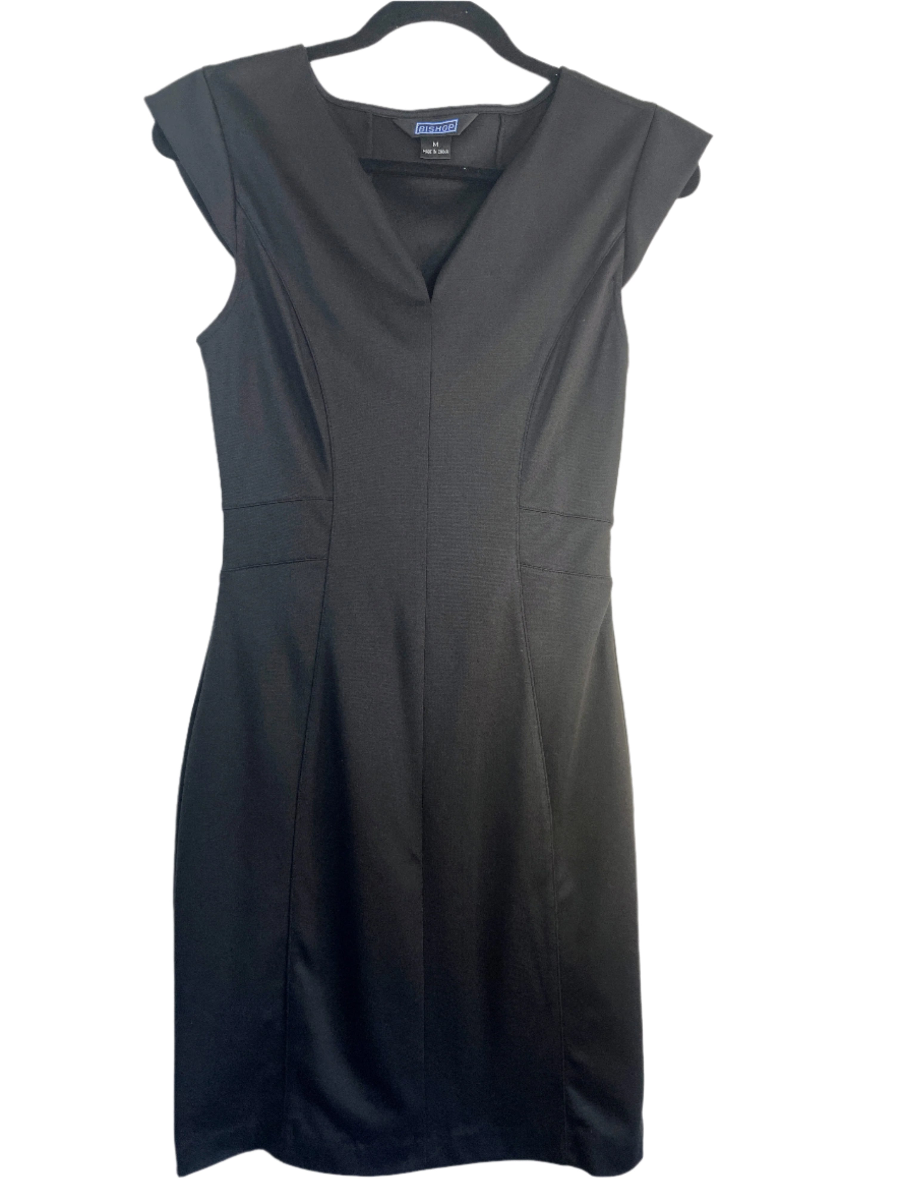 Front view of a black Bishop sheath dress with cap sleeves, size medium.