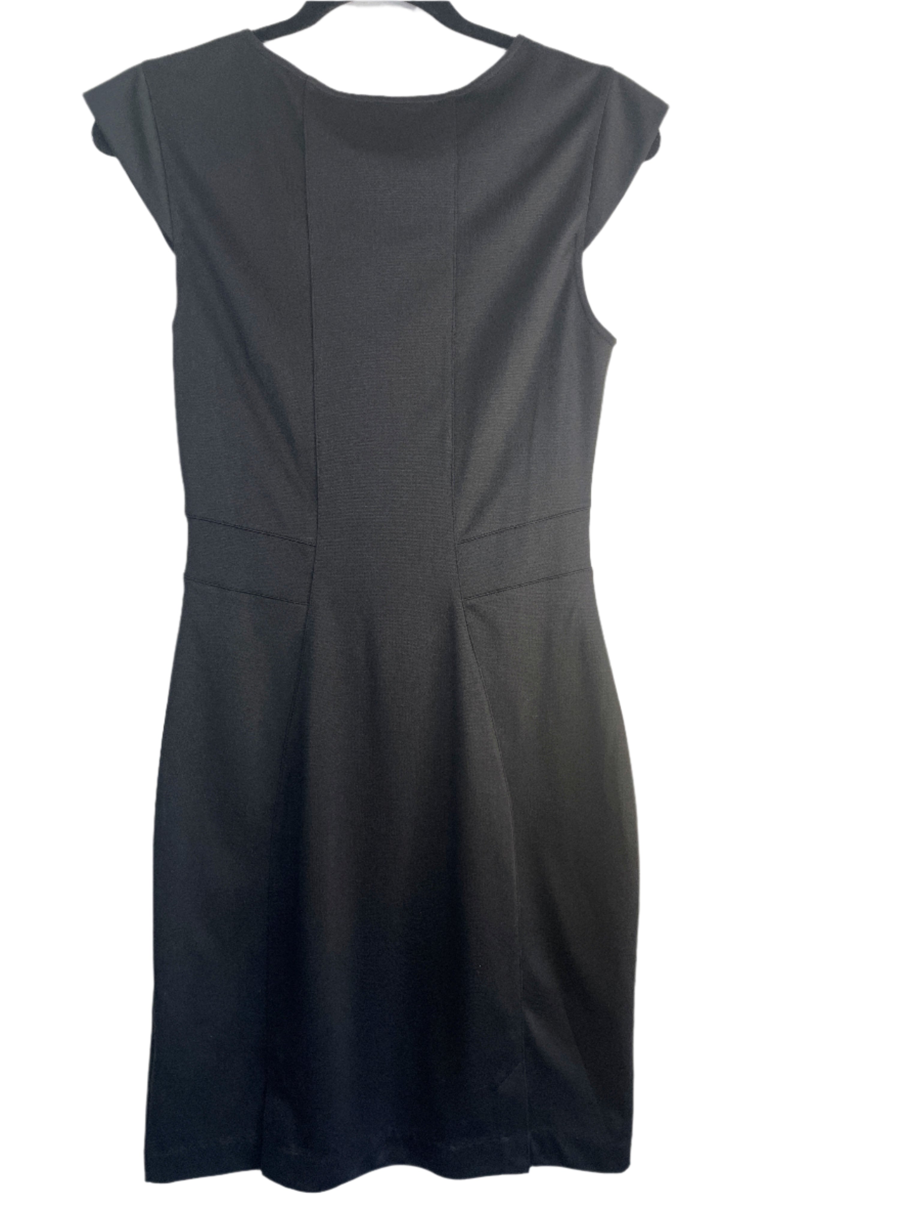 back view of a black Bishop sheath dress with cap sleeves, size medium.