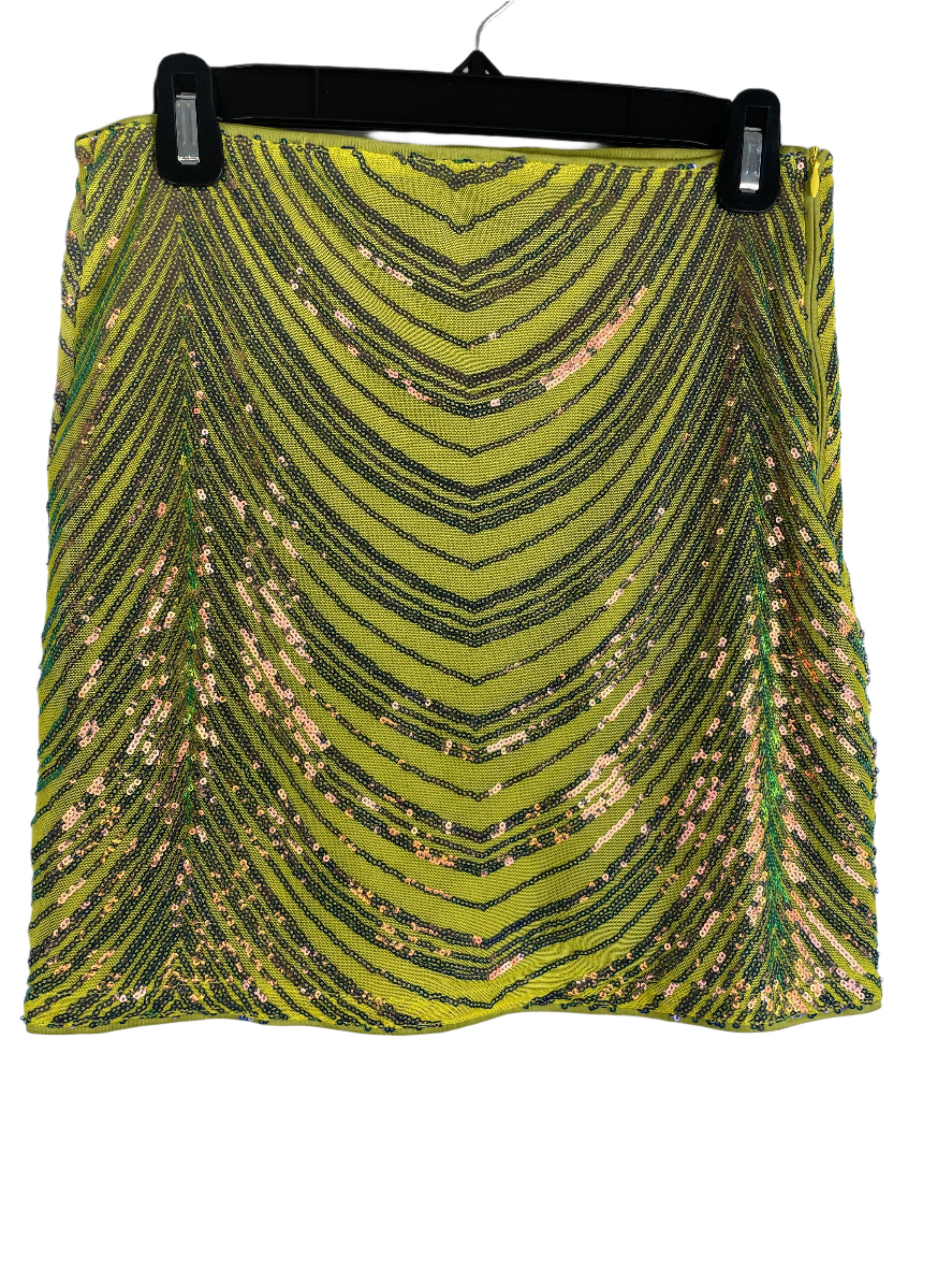 Front and back views of SHEIN Bae green sequin mini skirt with side zipper, size medium