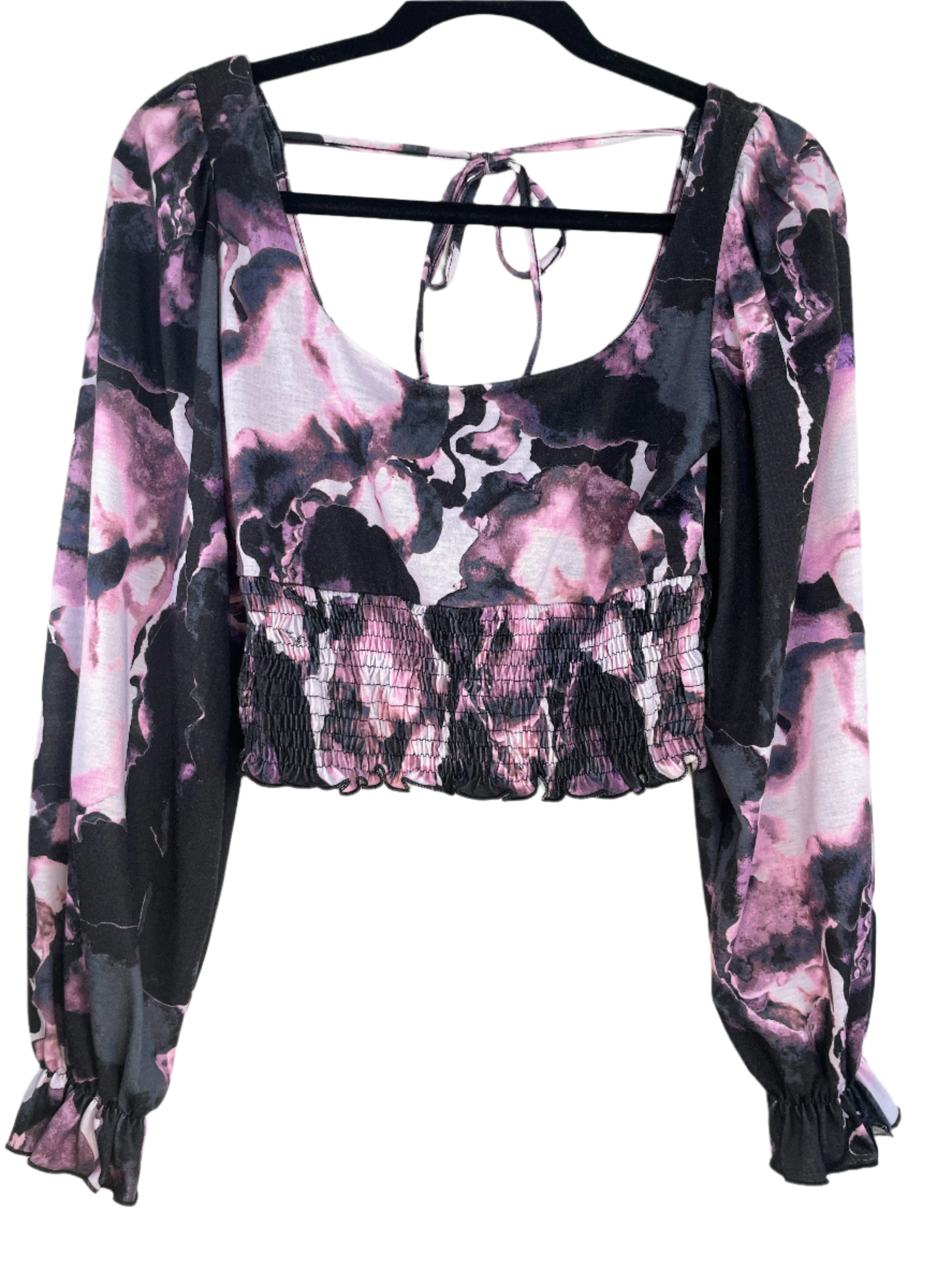 Topshop purple tie-dye cropped blouse with long sleeves and tie-back