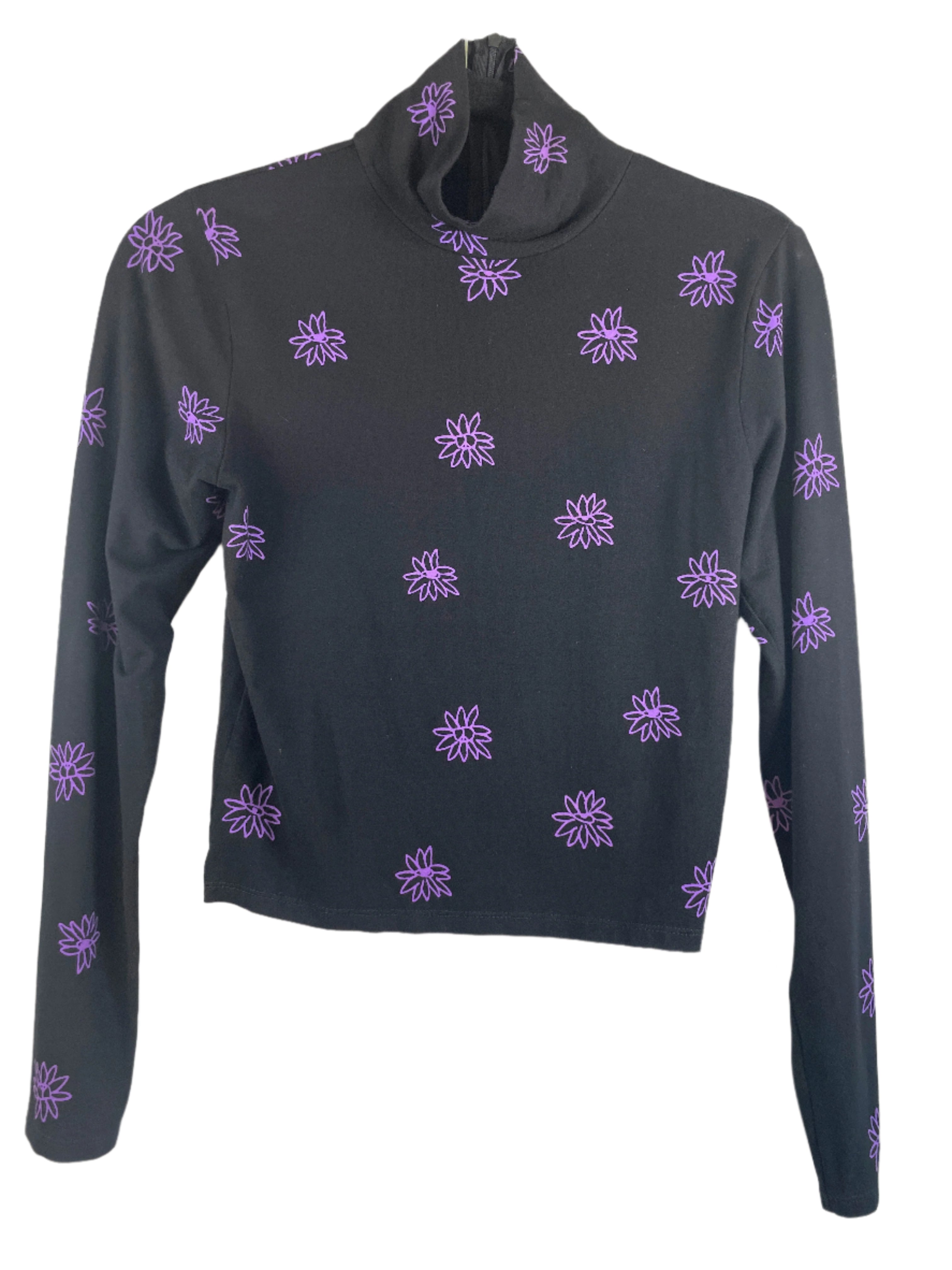 Front view of black Obey long sleeve turtleneck with purple floral print, size small.