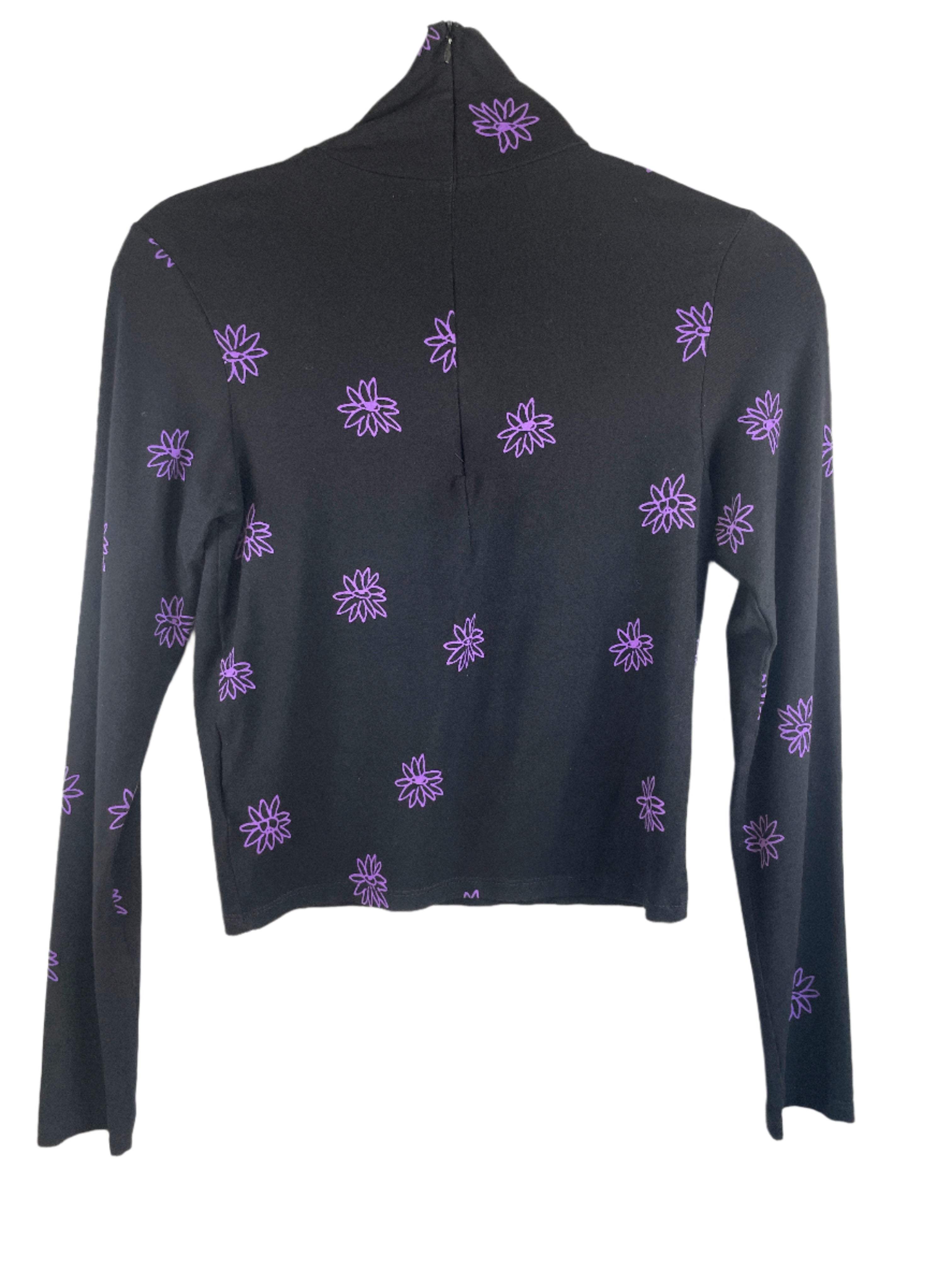 back view of black Obey long sleeve turtleneck with purple floral print, size small.