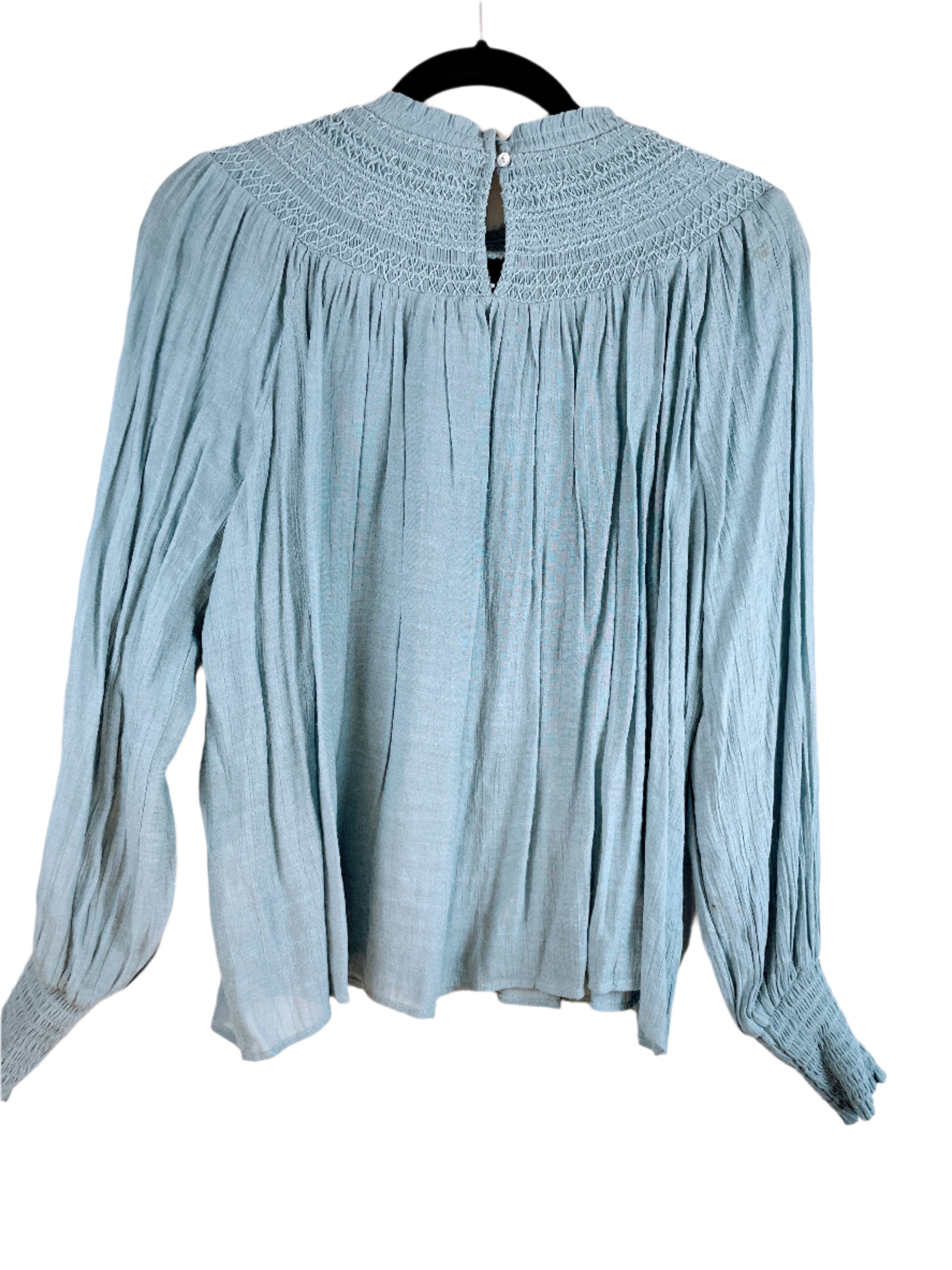 Front and back view of Zara blue smocked yoke blouse, long sleeves