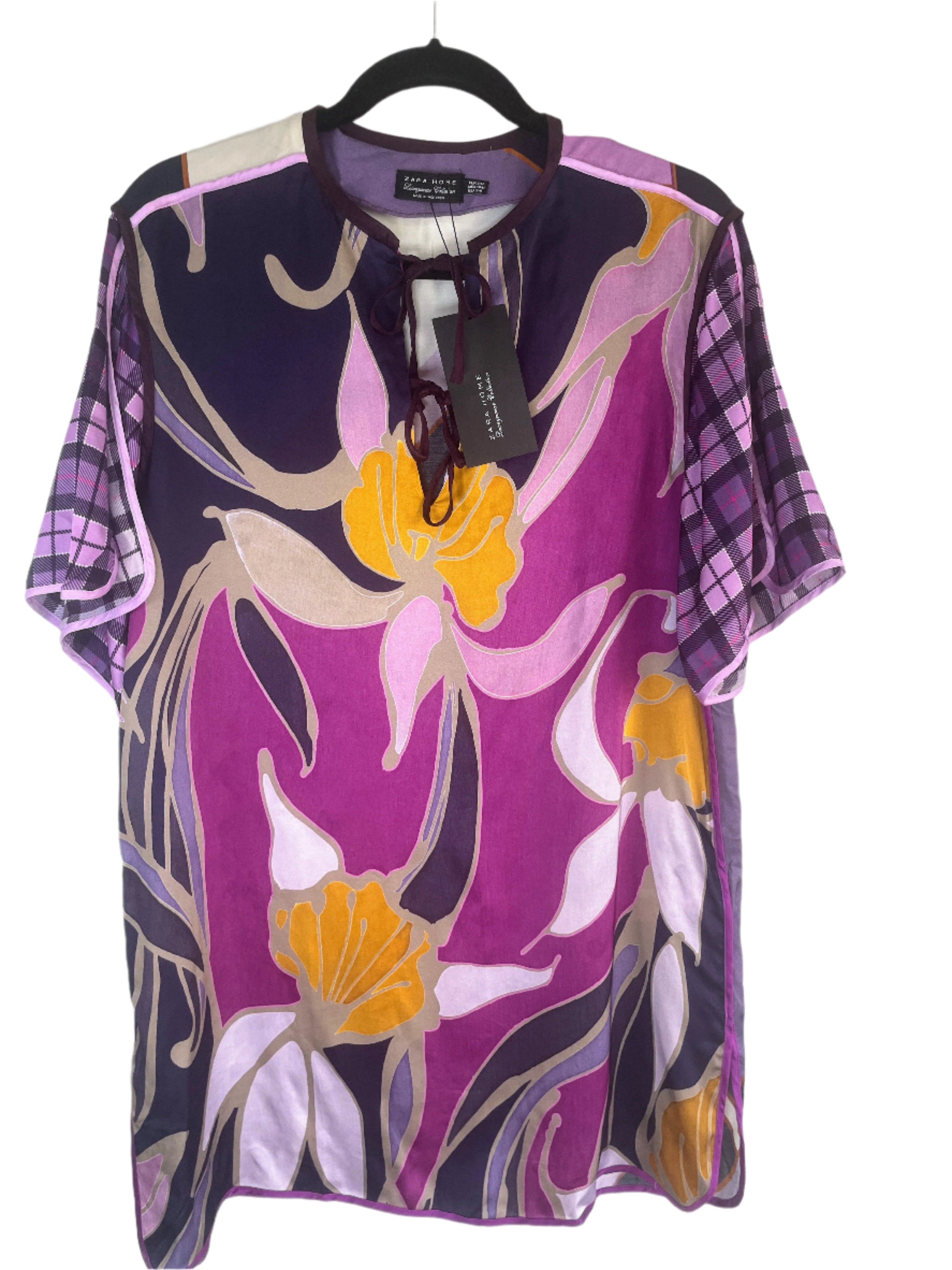 Zara Home purple floral blouse with geometric back, tulip split sleeves, size medium, new with tags.