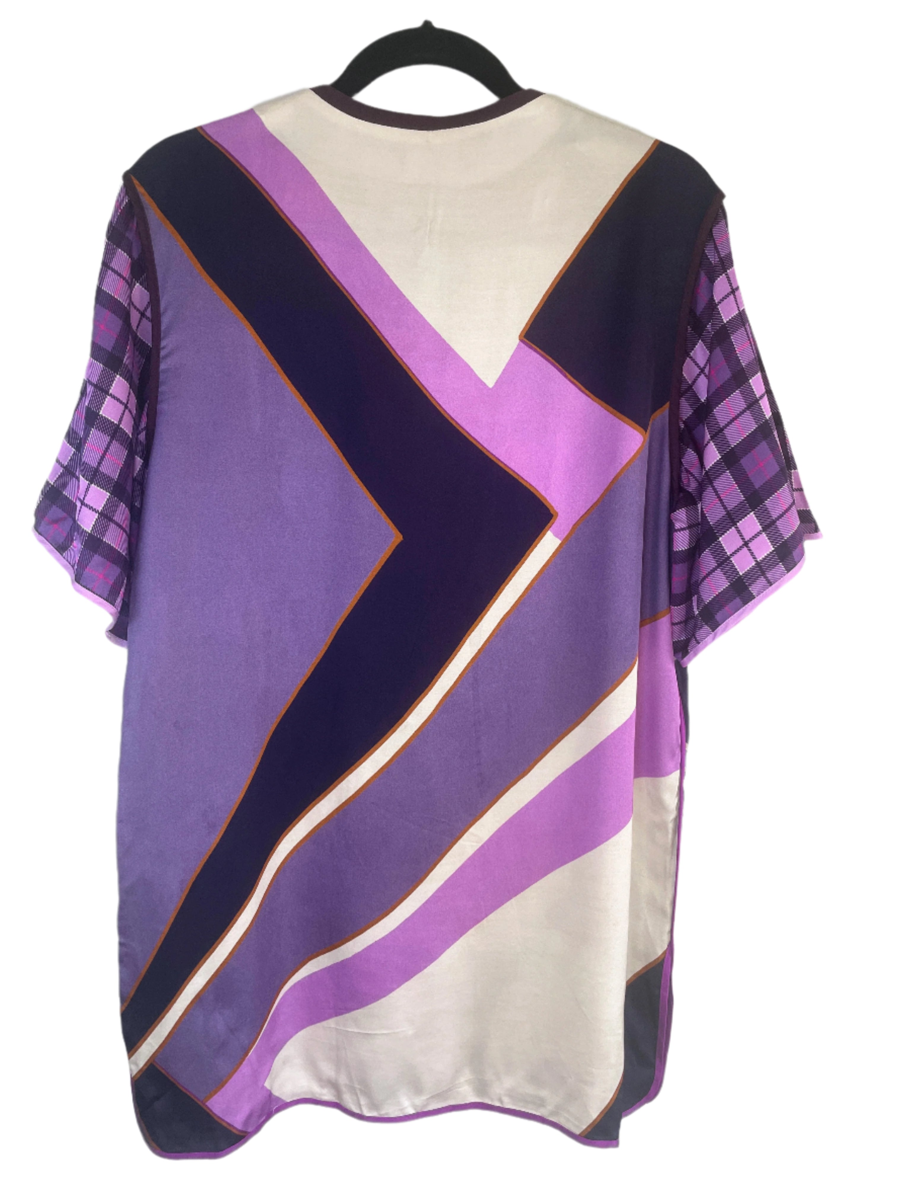 Zara Home purple floral blouse with geometric back, tulip split sleeves, size medium