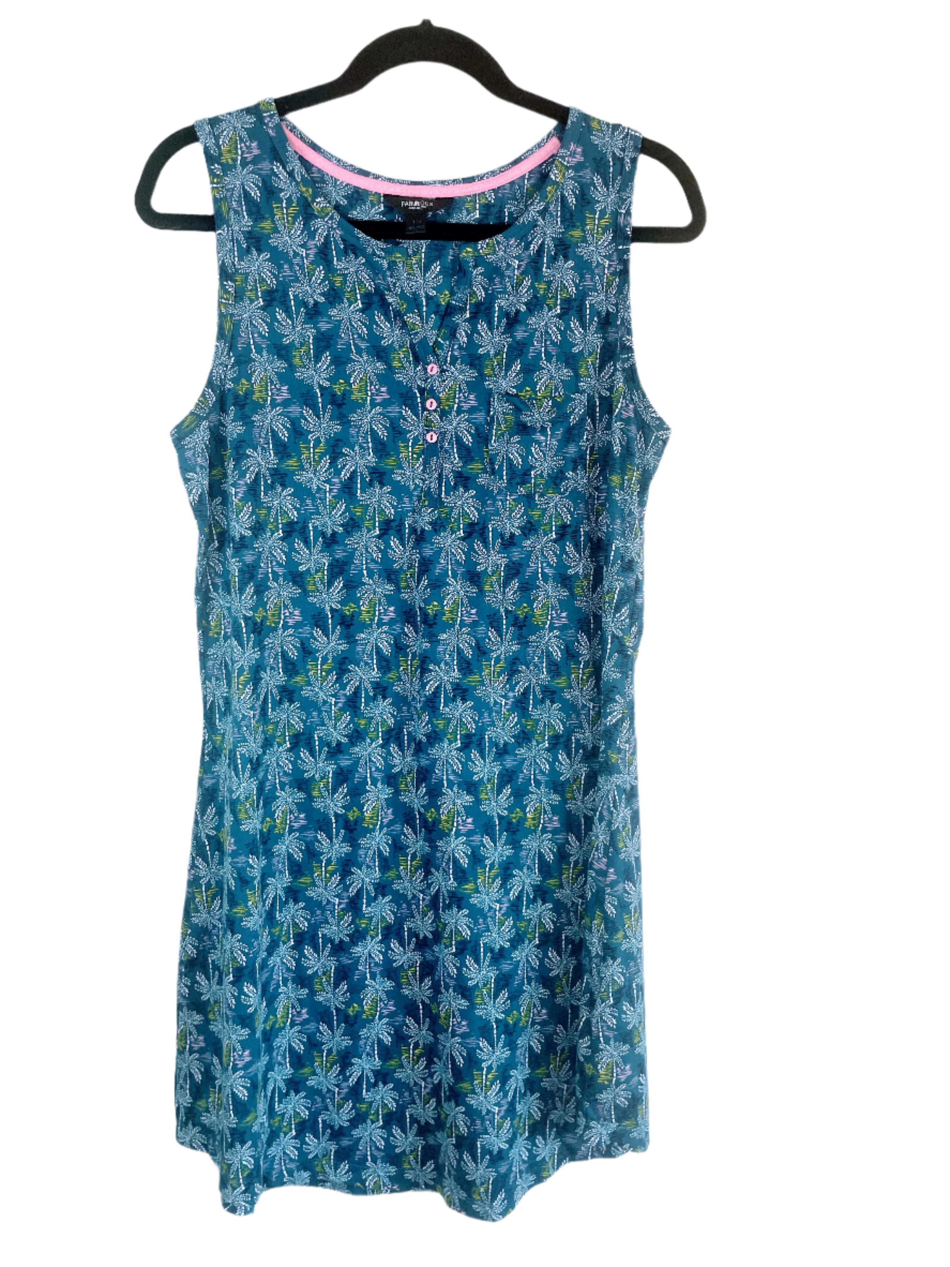 Sleeveless navy blue tropical dress with palm tree print by Fabulous Just Like You, size large, shown on hanger.