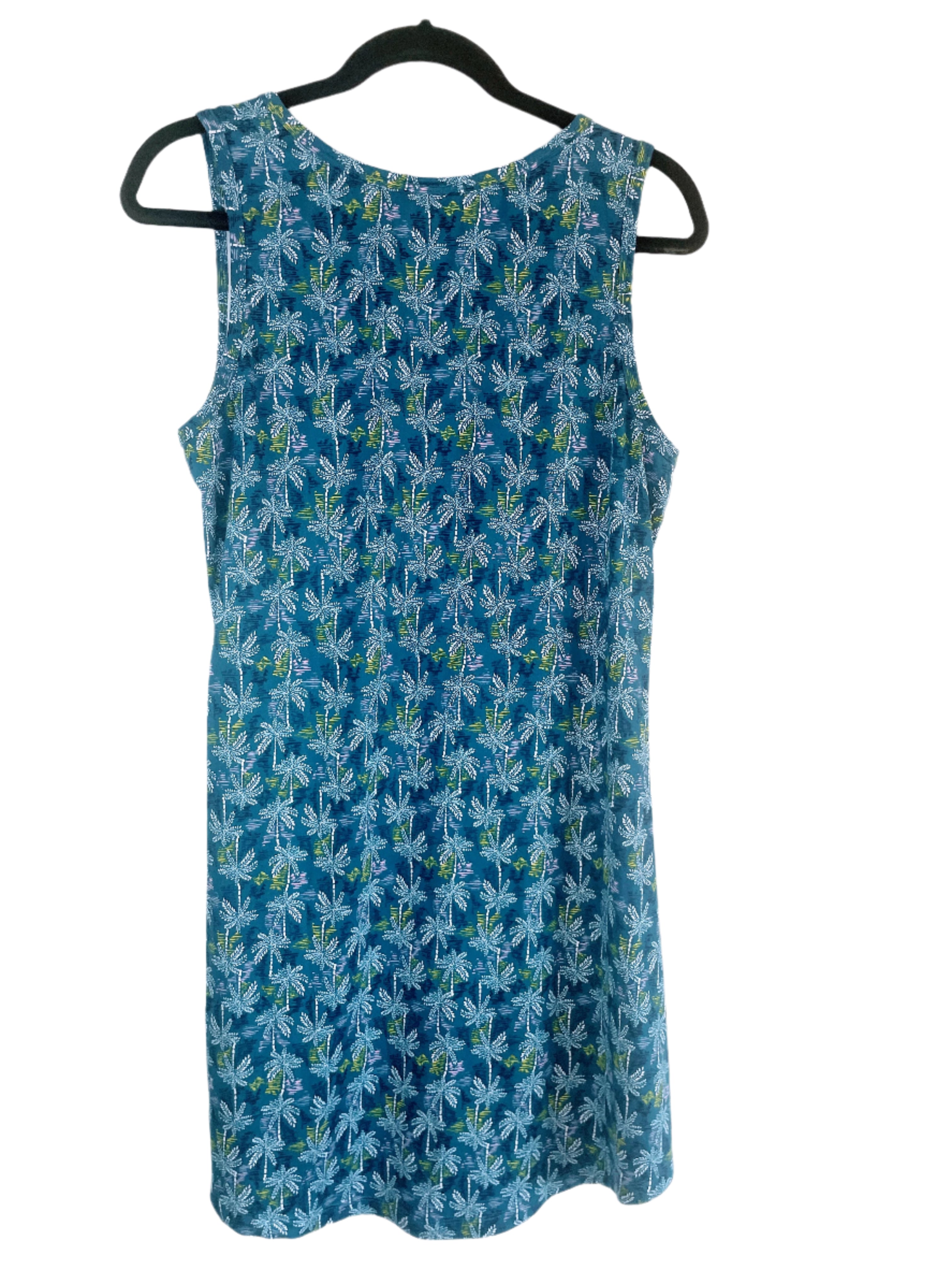 Sleeveless navy blue tropical dress with palm tree print by Fabulous Just Like You, size large, shown back  view on hanger.
