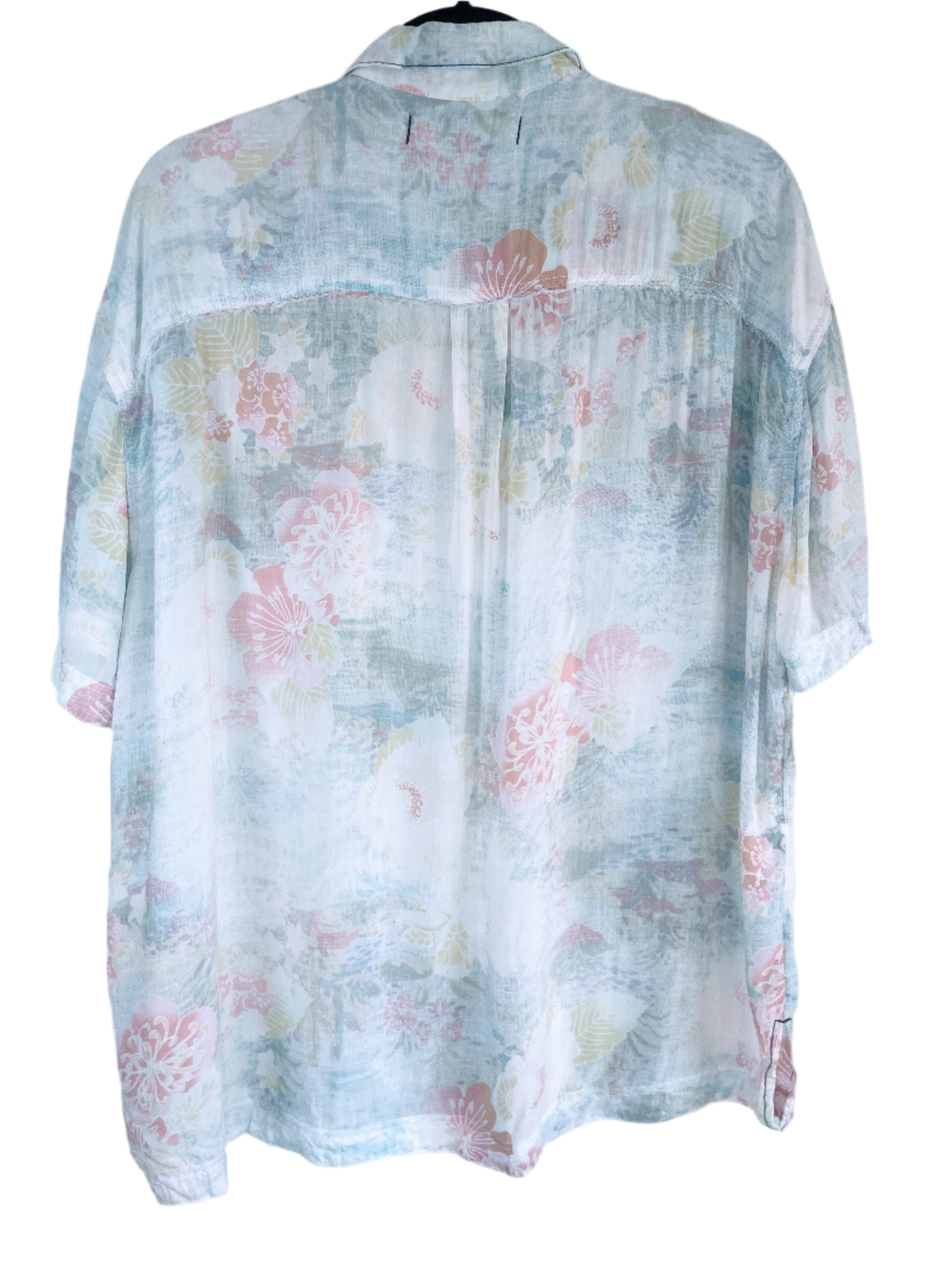 Oversized We The Free pastel floral shirt with raw seams, shown from back