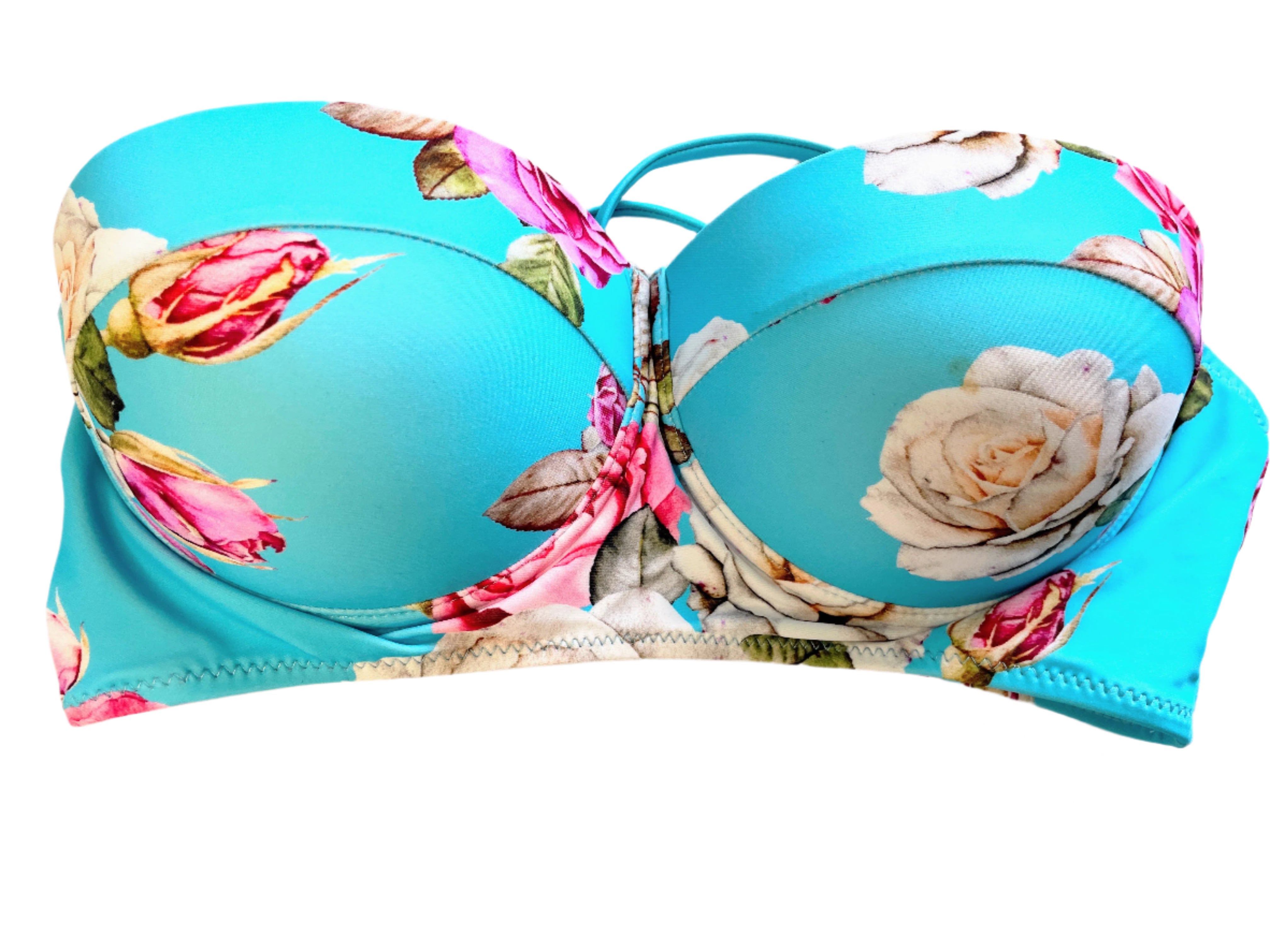 Front view of turquoise strapless bikini top with floral rose print