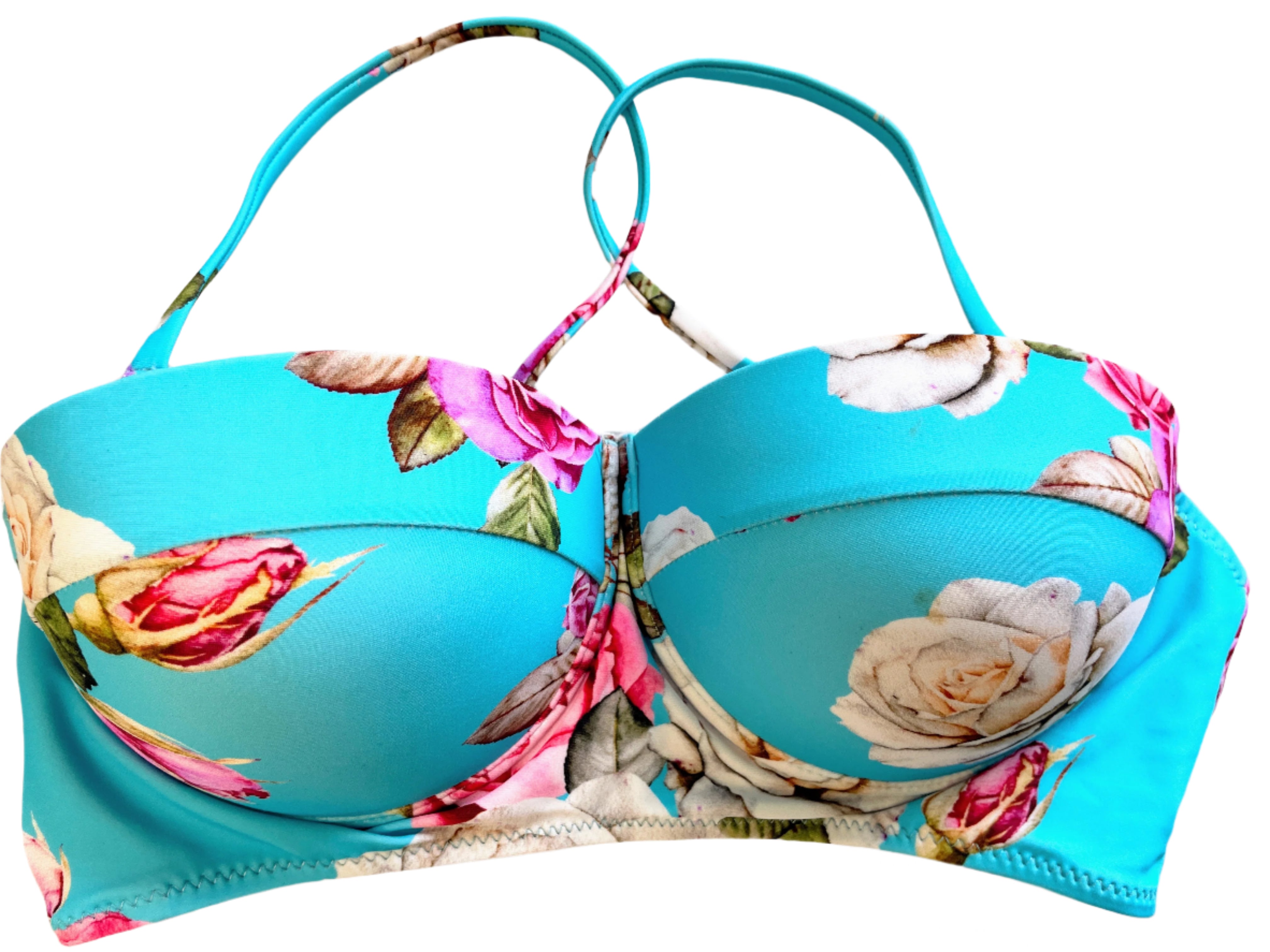 Floral-patterned bikini top on a light gray background
