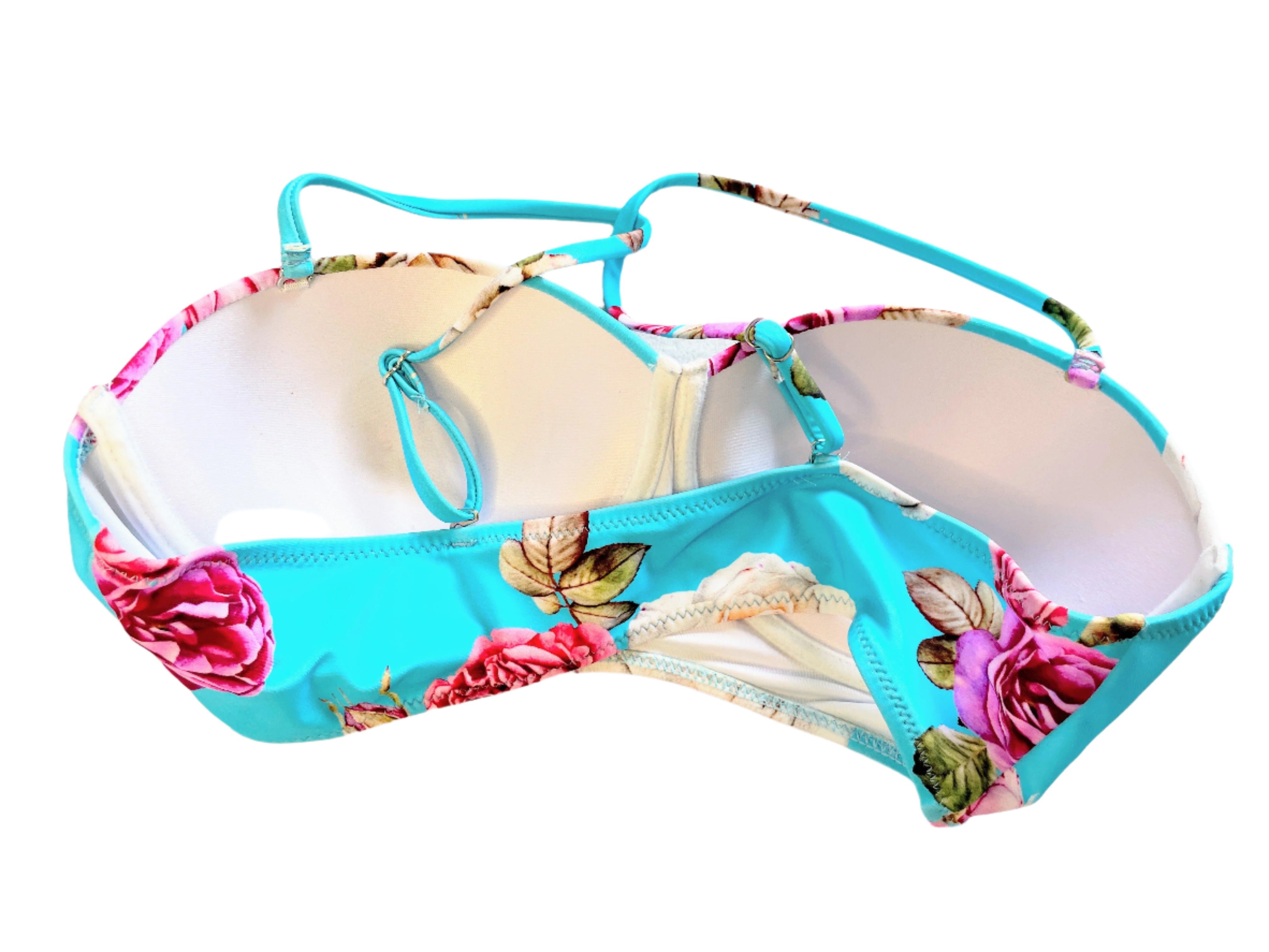 Floral-patterned bikini top on a white background