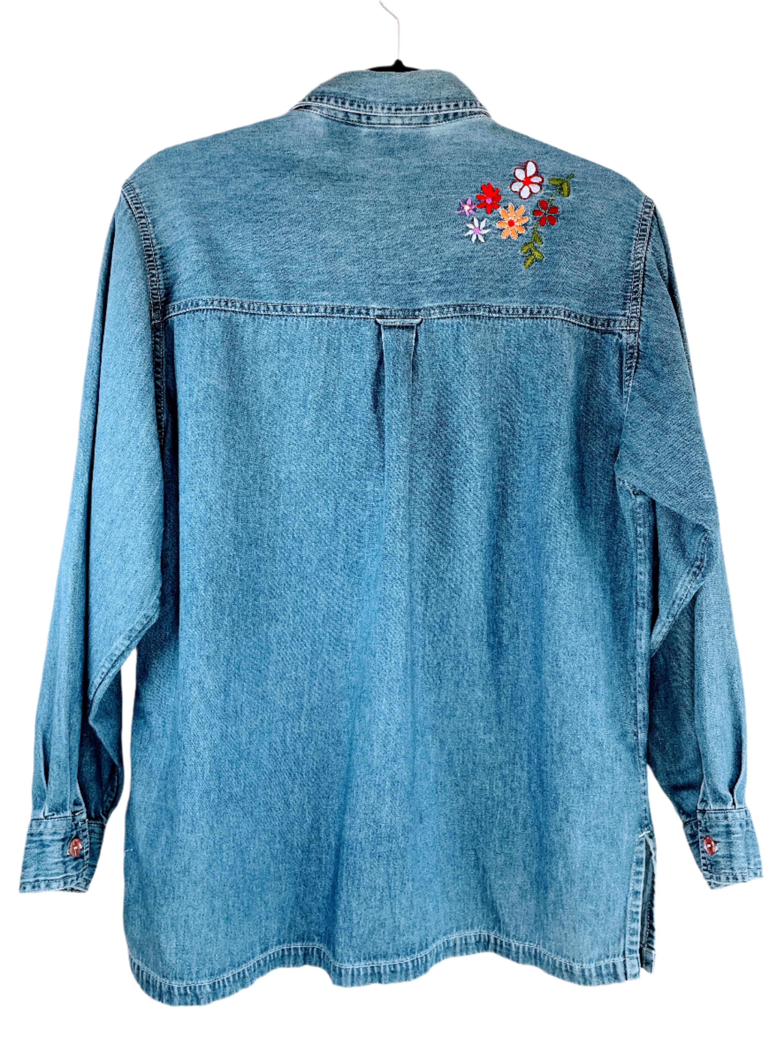 back of Silver Thread denim shirt with colourful floral embroidery and multicoloured buttons, size medium.