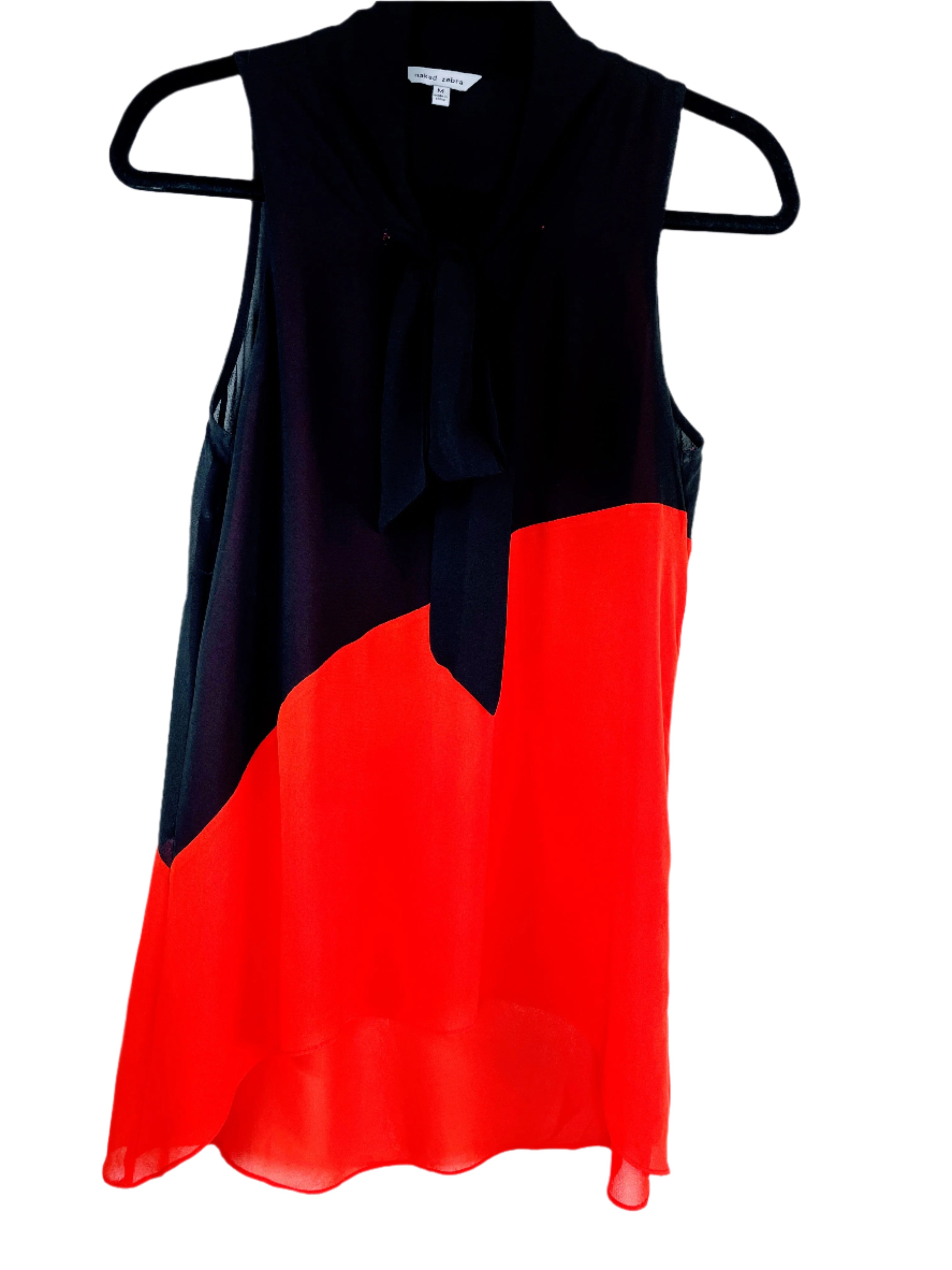 Naked Zebra sleeveless black and red blouse with high-low hem and neck tie, size medium, front views on hanger.
