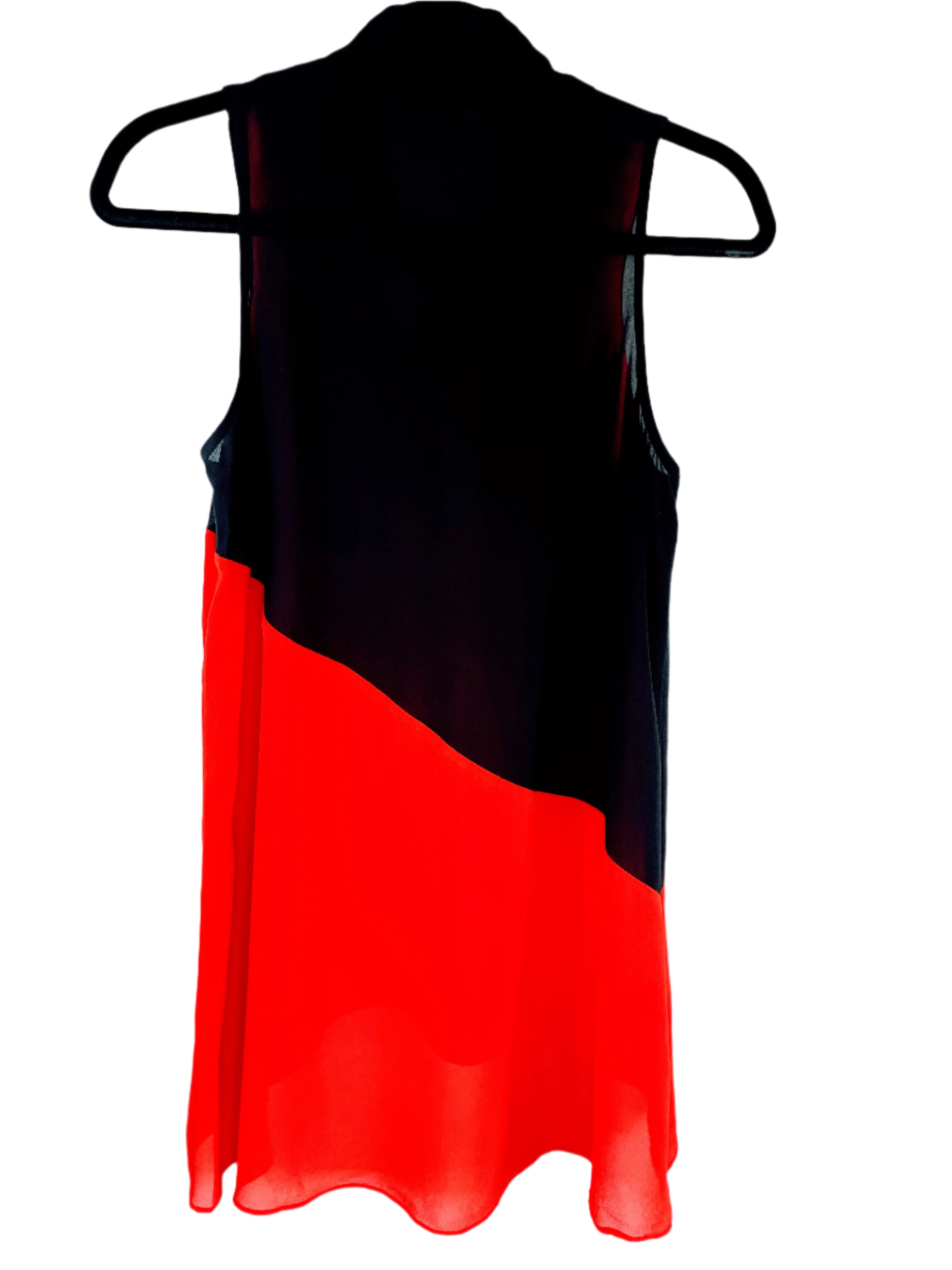 Naked Zebra sleeveless black and red blouse with high-low hem and neck tie