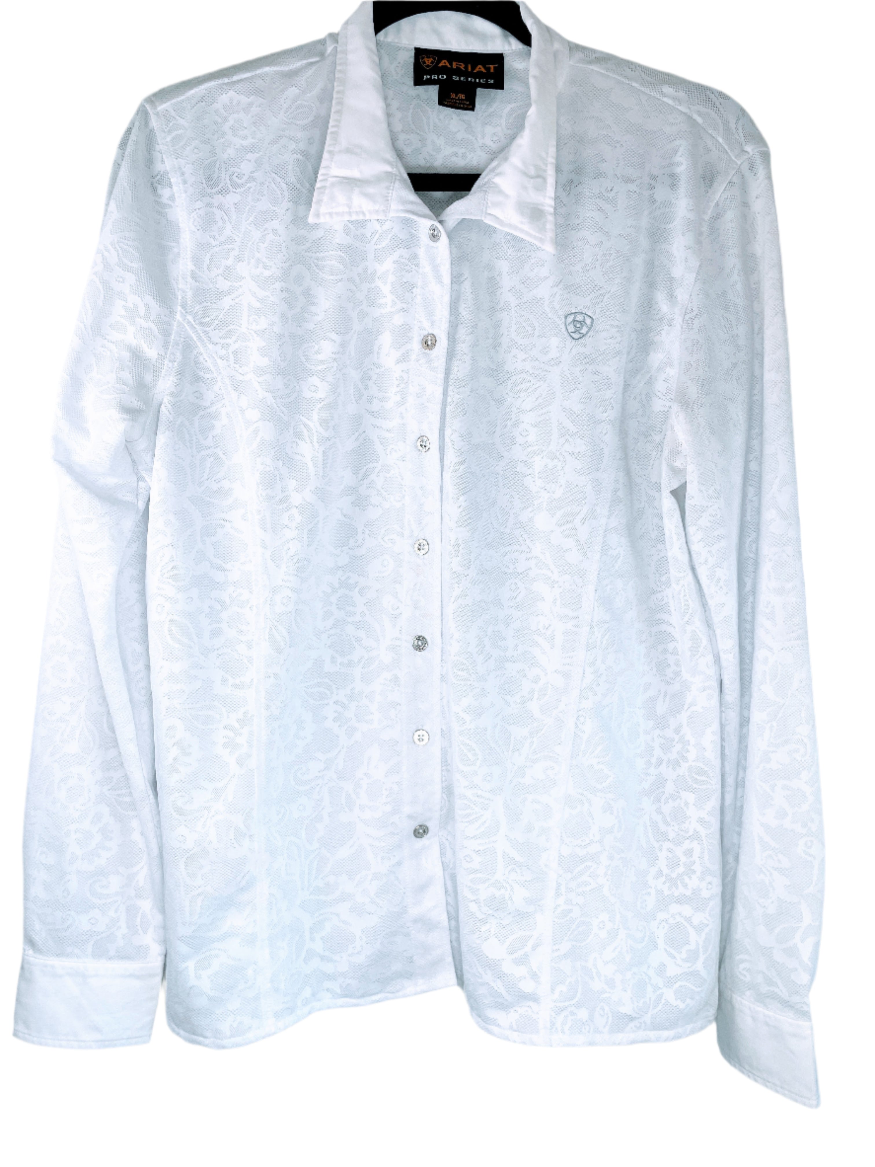 Front iew of Ariat Pro Series women's white stretch mesh shirt with floral pattern, button front, and collar magnets