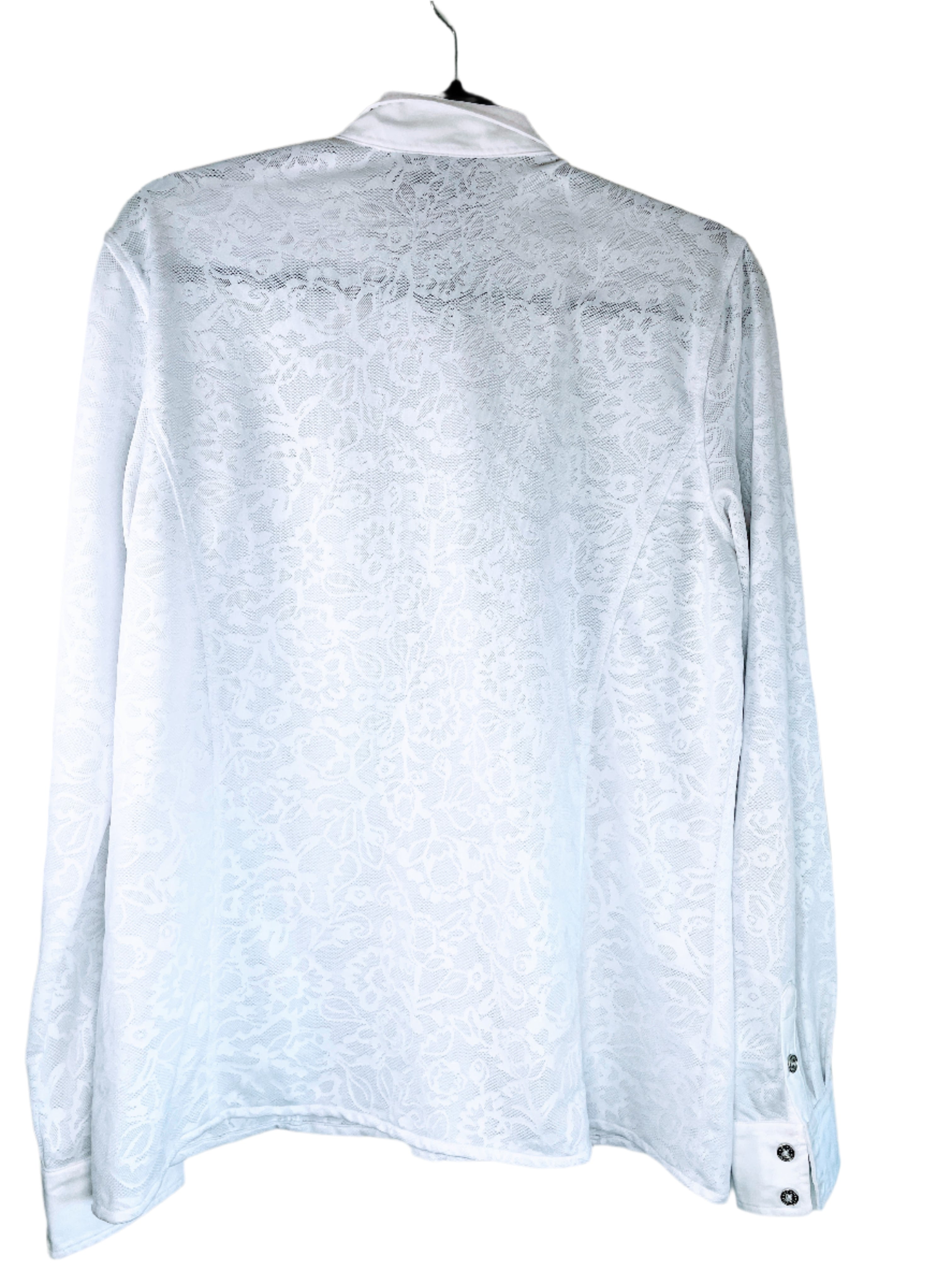 back view of Ariat Pro Series women's white stretch mesh shirt with floral pattern, button front, and collar magnets