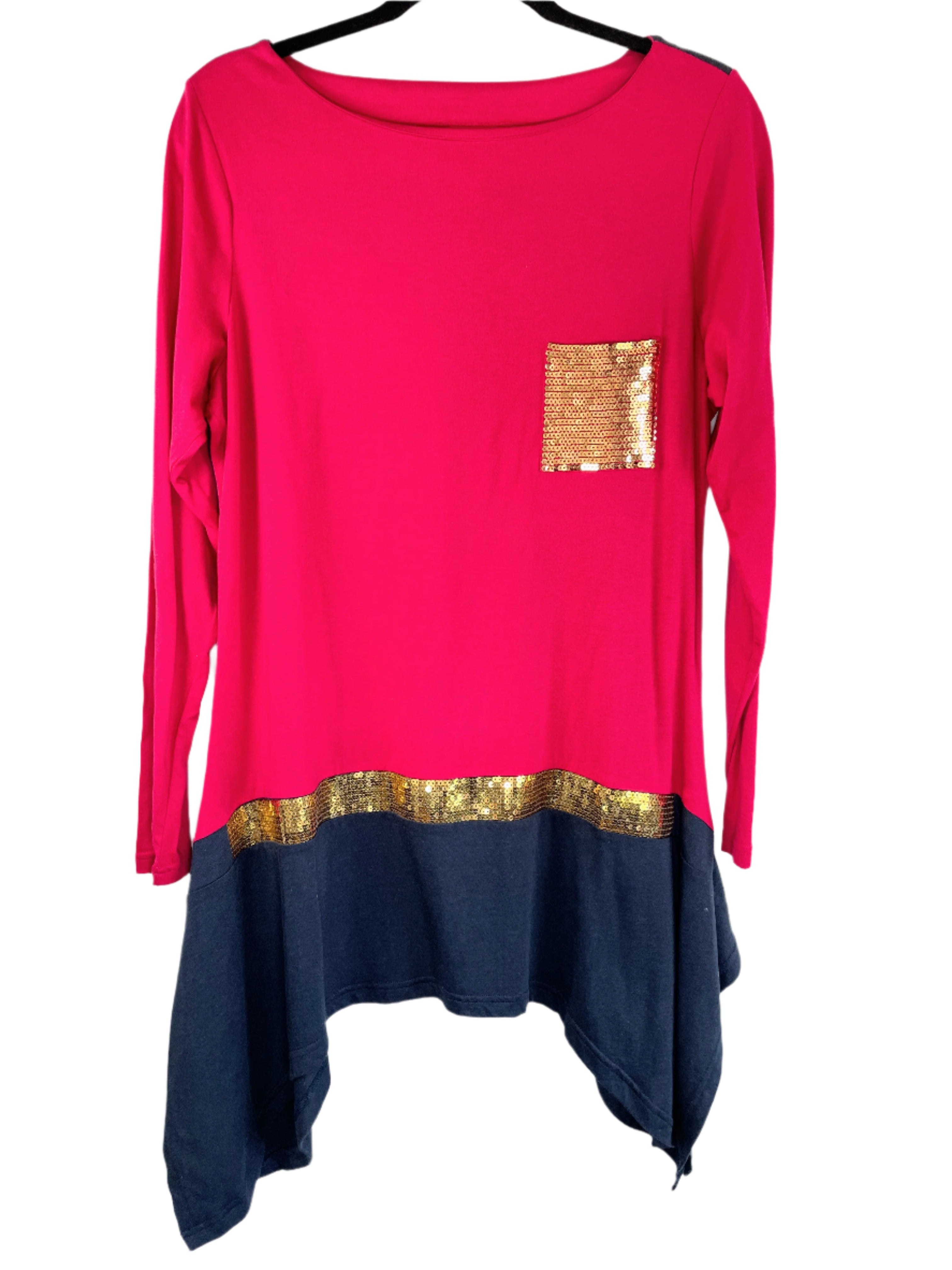 DG2 Diane Gilman pink and charcoal shark bite sequin hem long sleeve top – size medium 