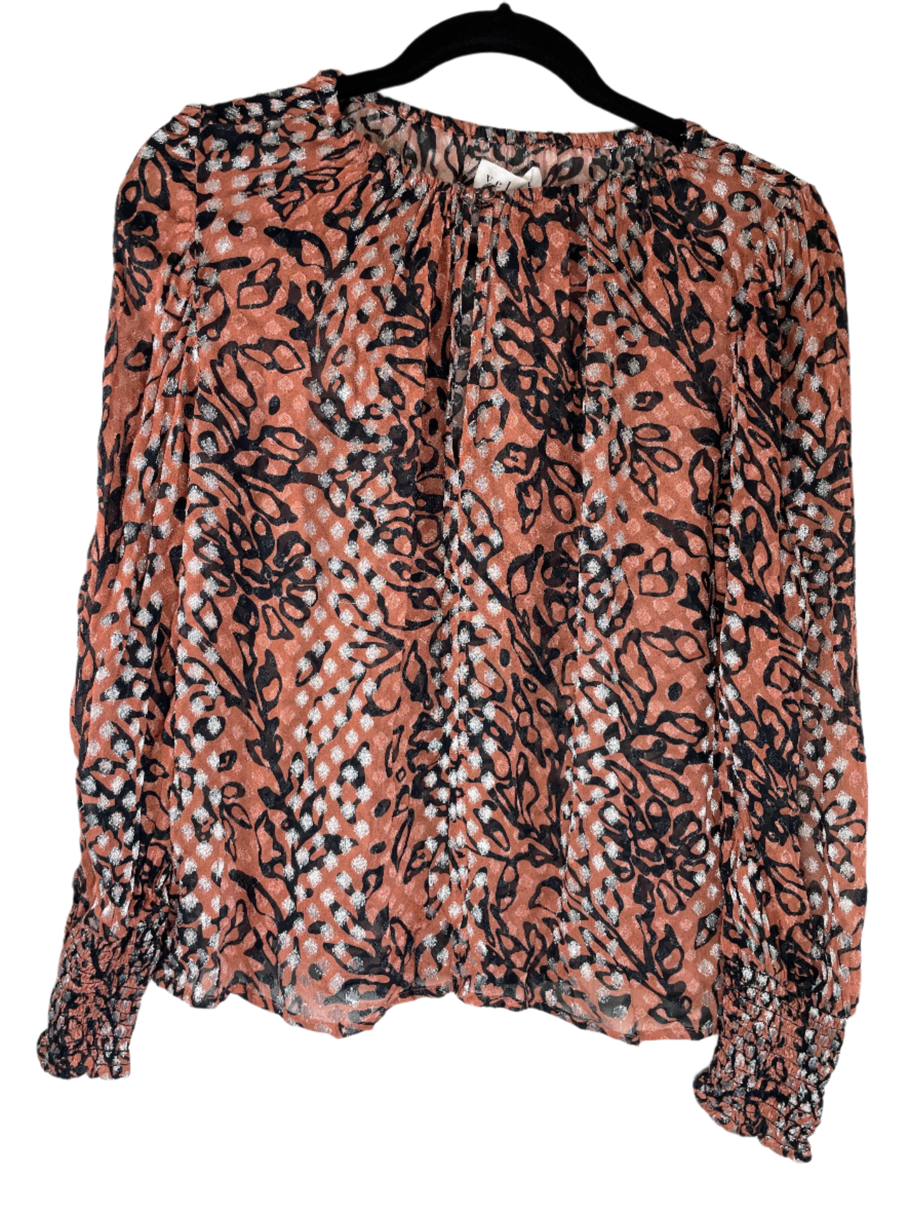 Front view of Velvet by Graham & Spencer sheer sparkle blouse in brown, black, and silver, size small.