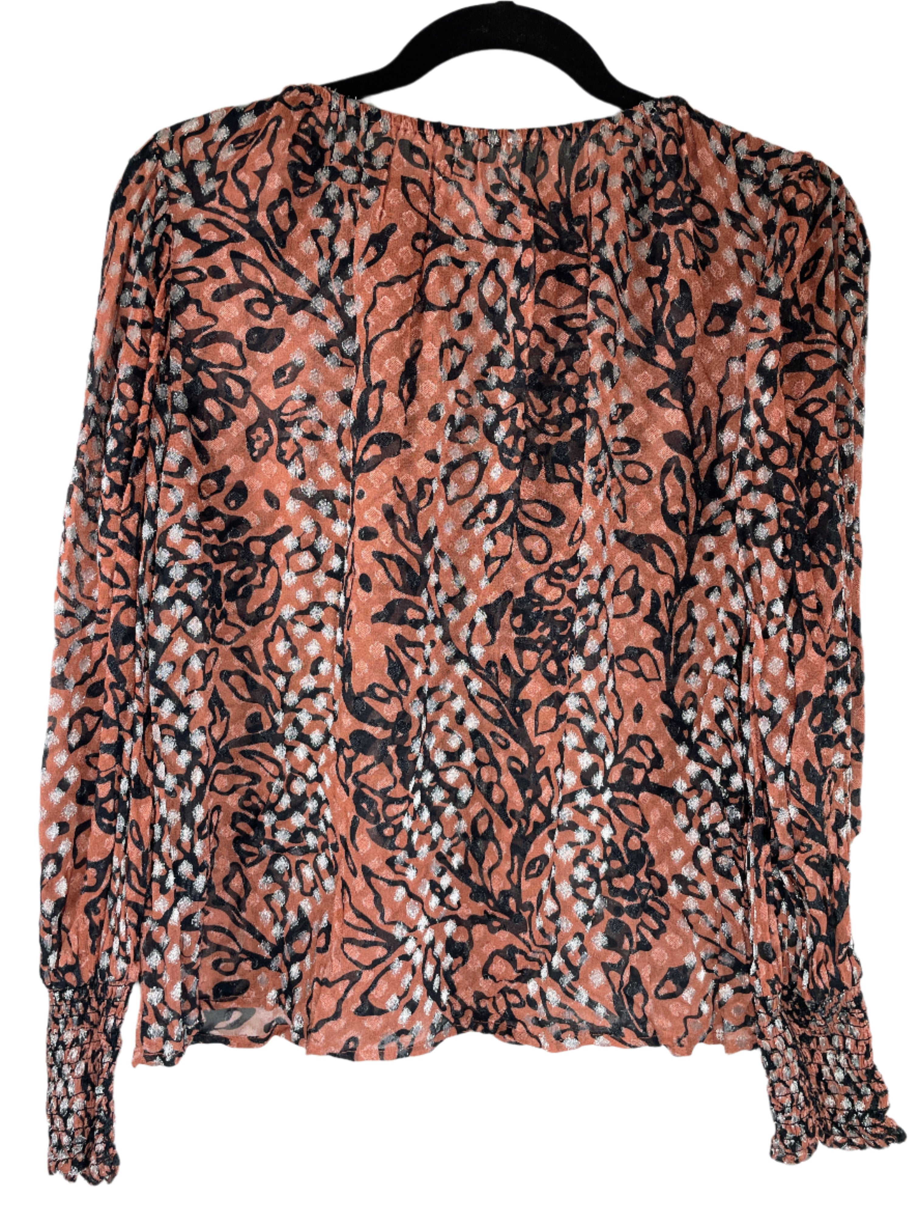 Front and back views of Velvet by Graham & Spencer sheer sparkle blouse in brown, black, and silver