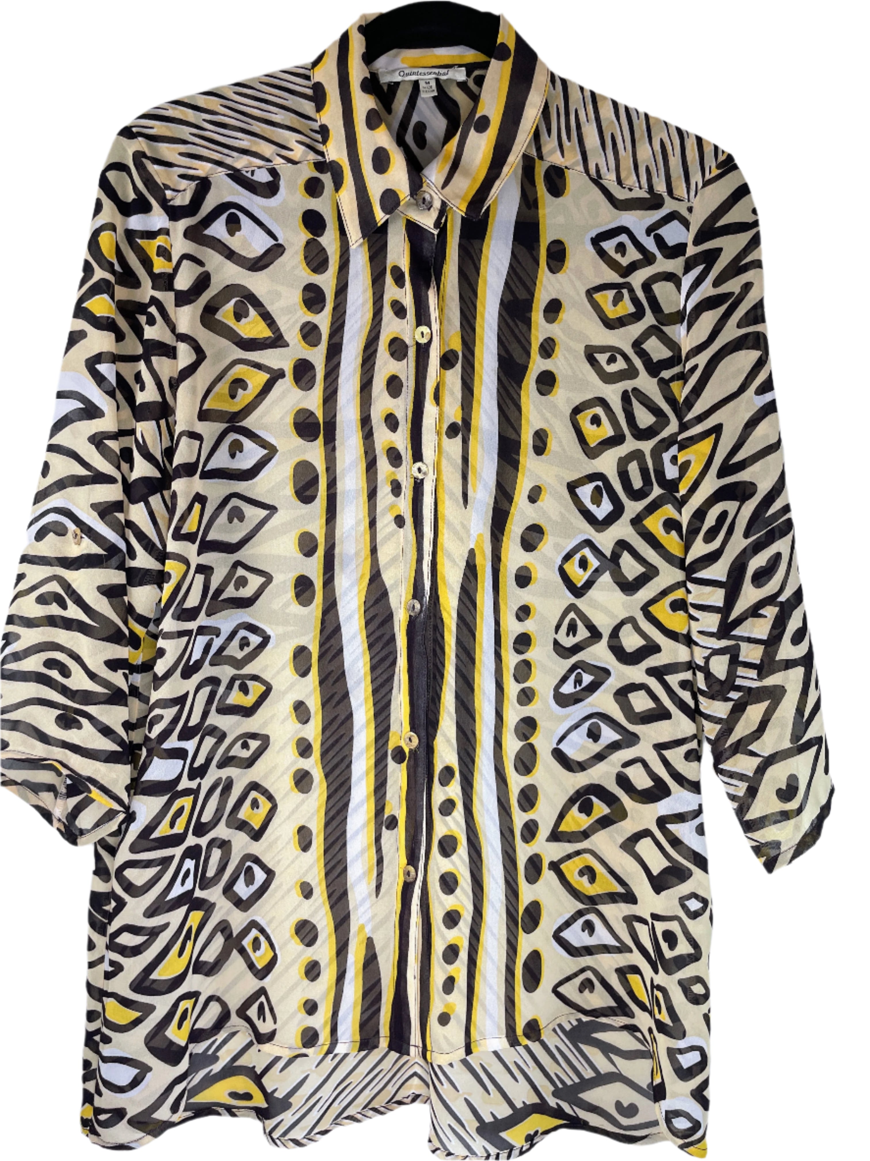 Front view of Quintessential sheer printed blouse with yellow, black, and ivory pattern.