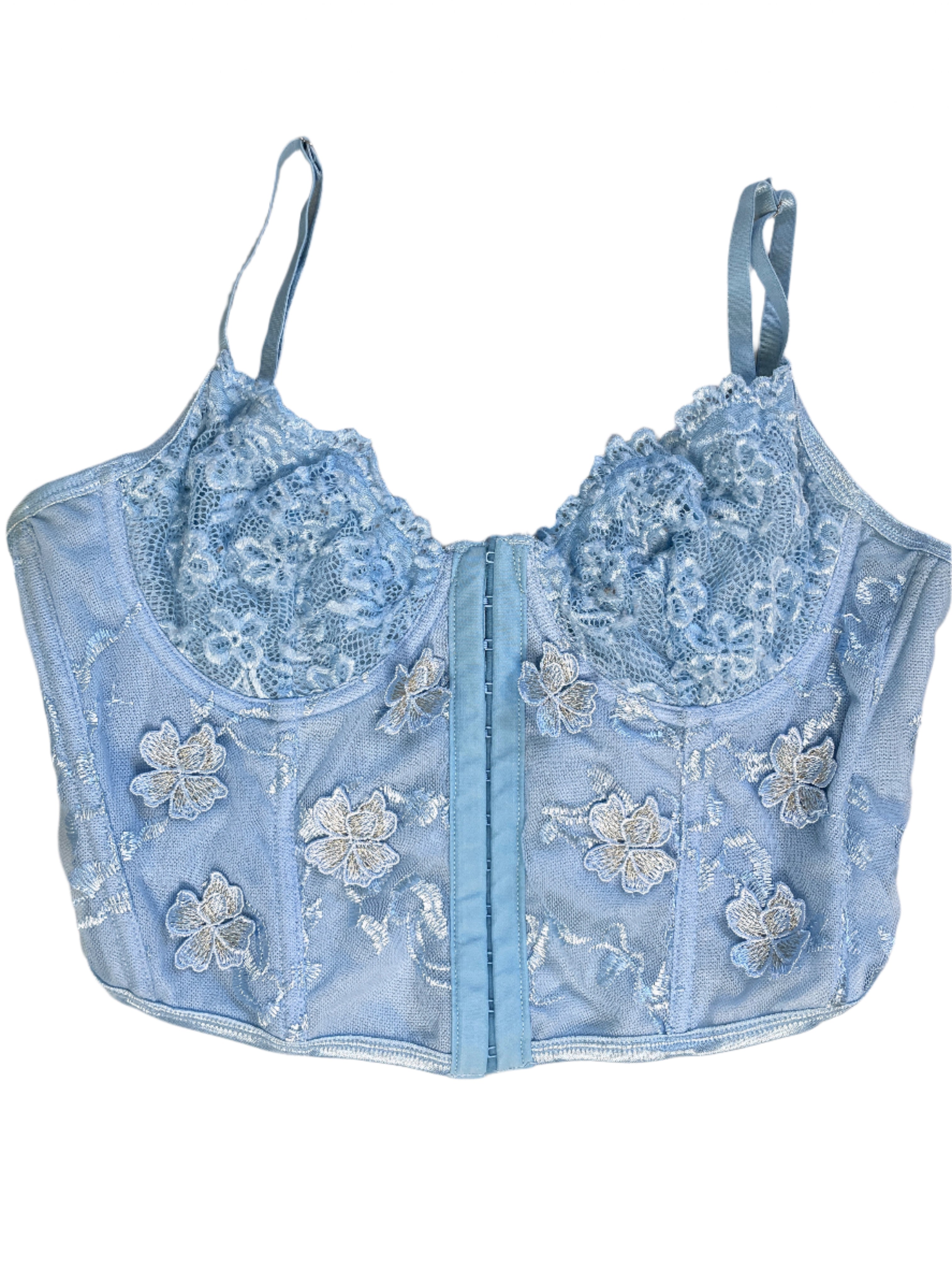 Baby blue floral lace bustier with front clasps and lace-up back, size large.