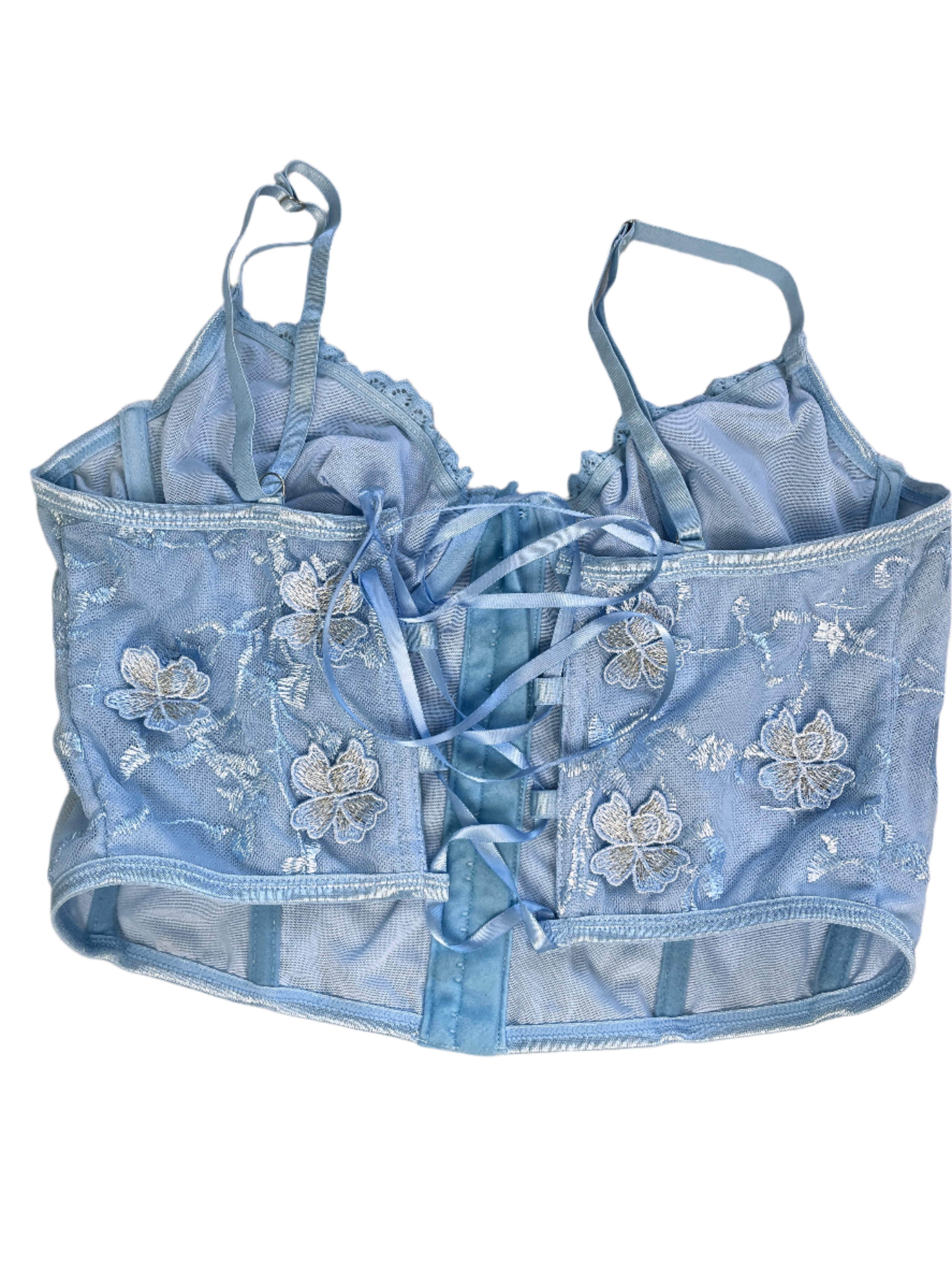 Baby blue floral lace bustier with front clasps and lace-up back