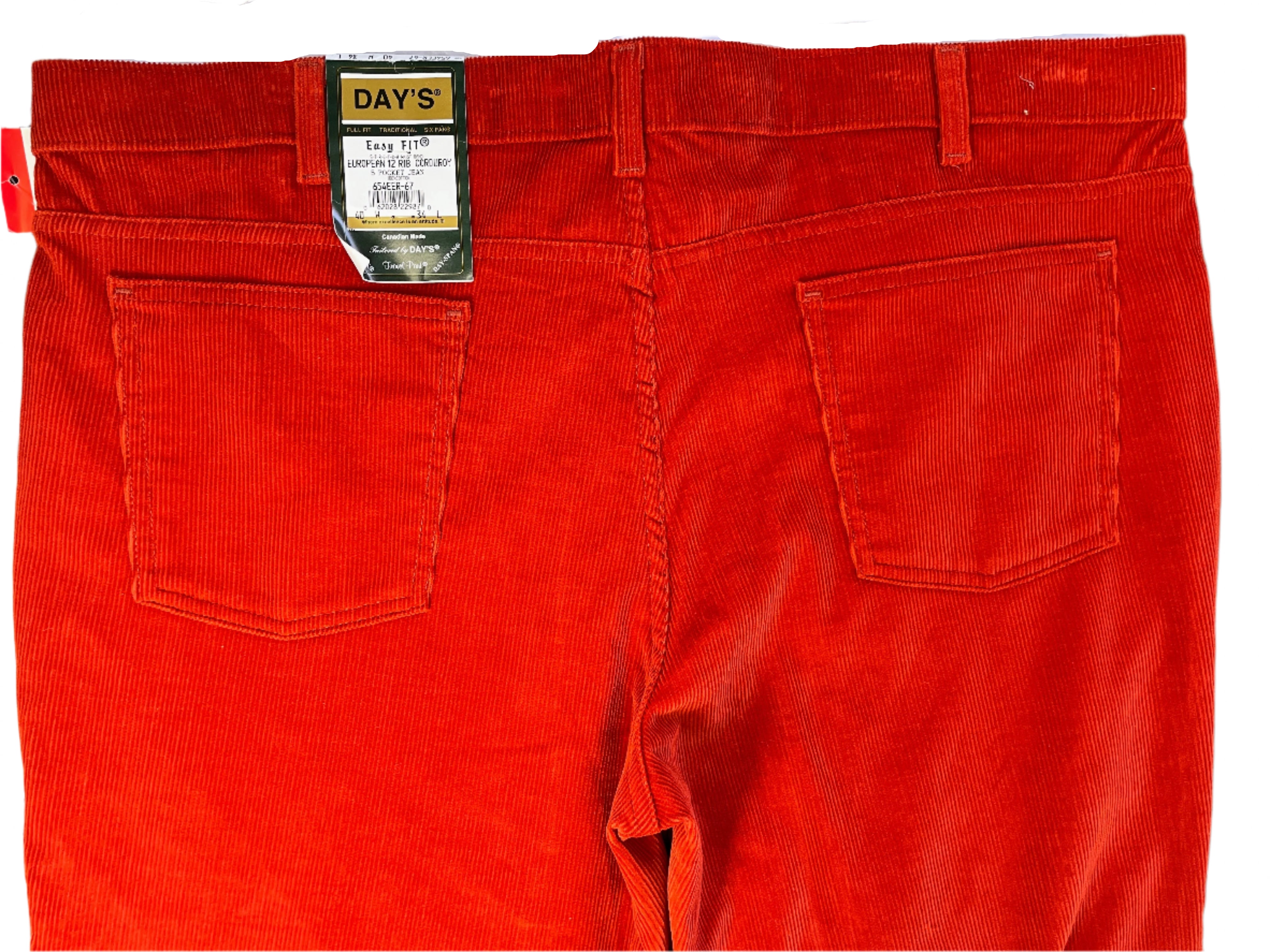 Red corduroy pants with a Day's label on a white background