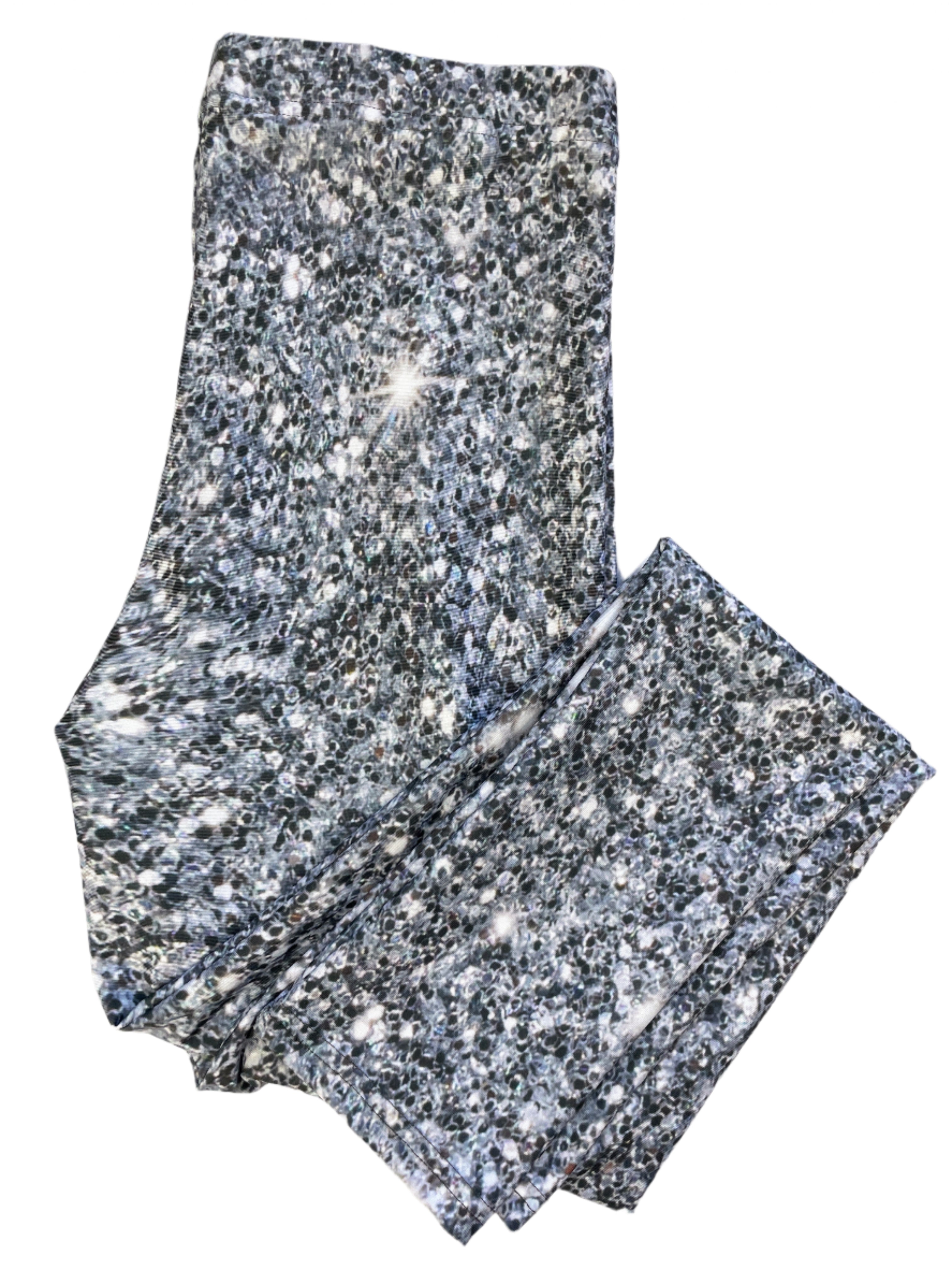 Flat lay of Art Of Where marble stone print leggings size large with close-up views of waistband and full length.