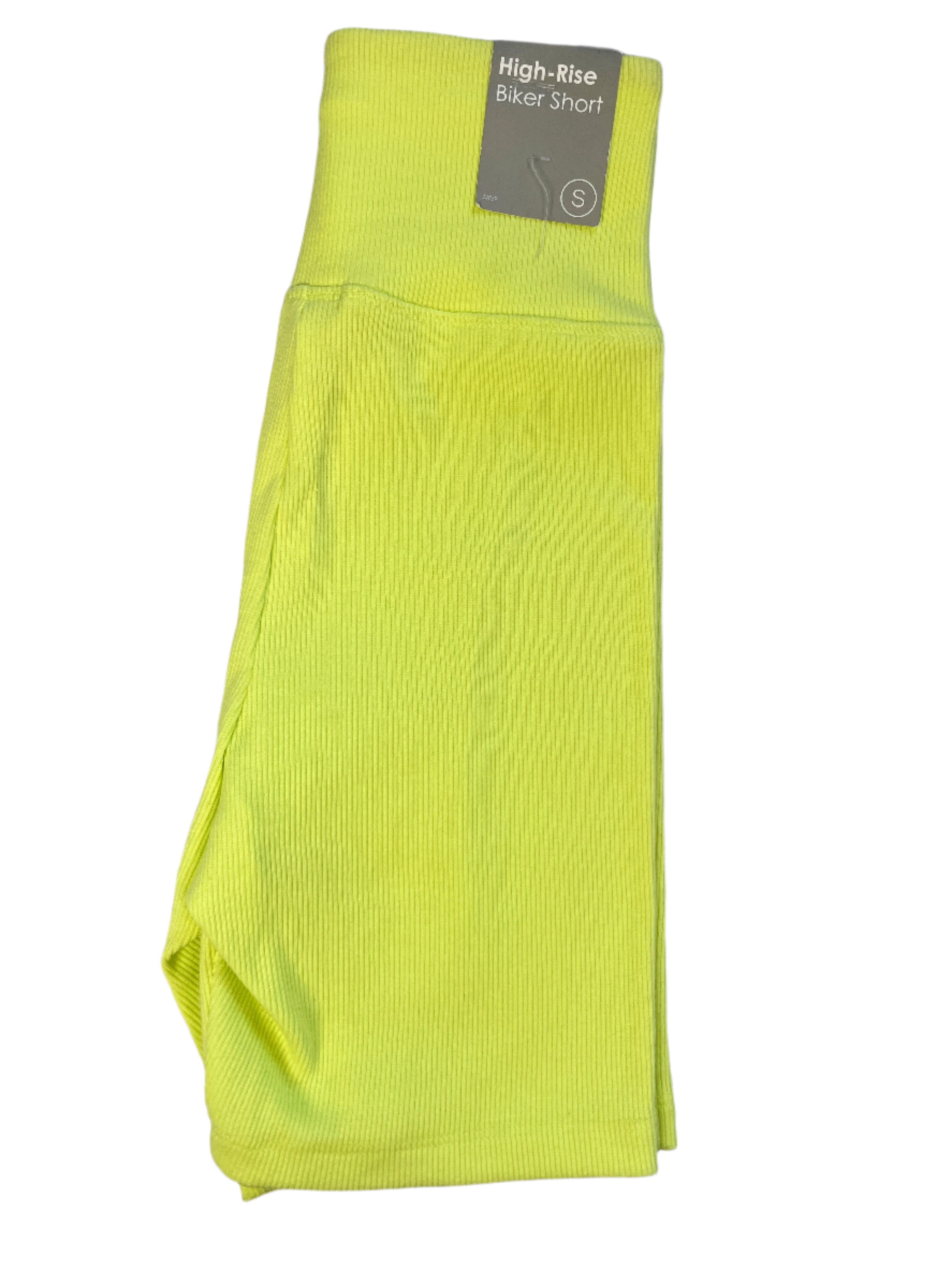  neon yellow Forever 21 high-rise ribbed biker shorts, size small, laid flat 