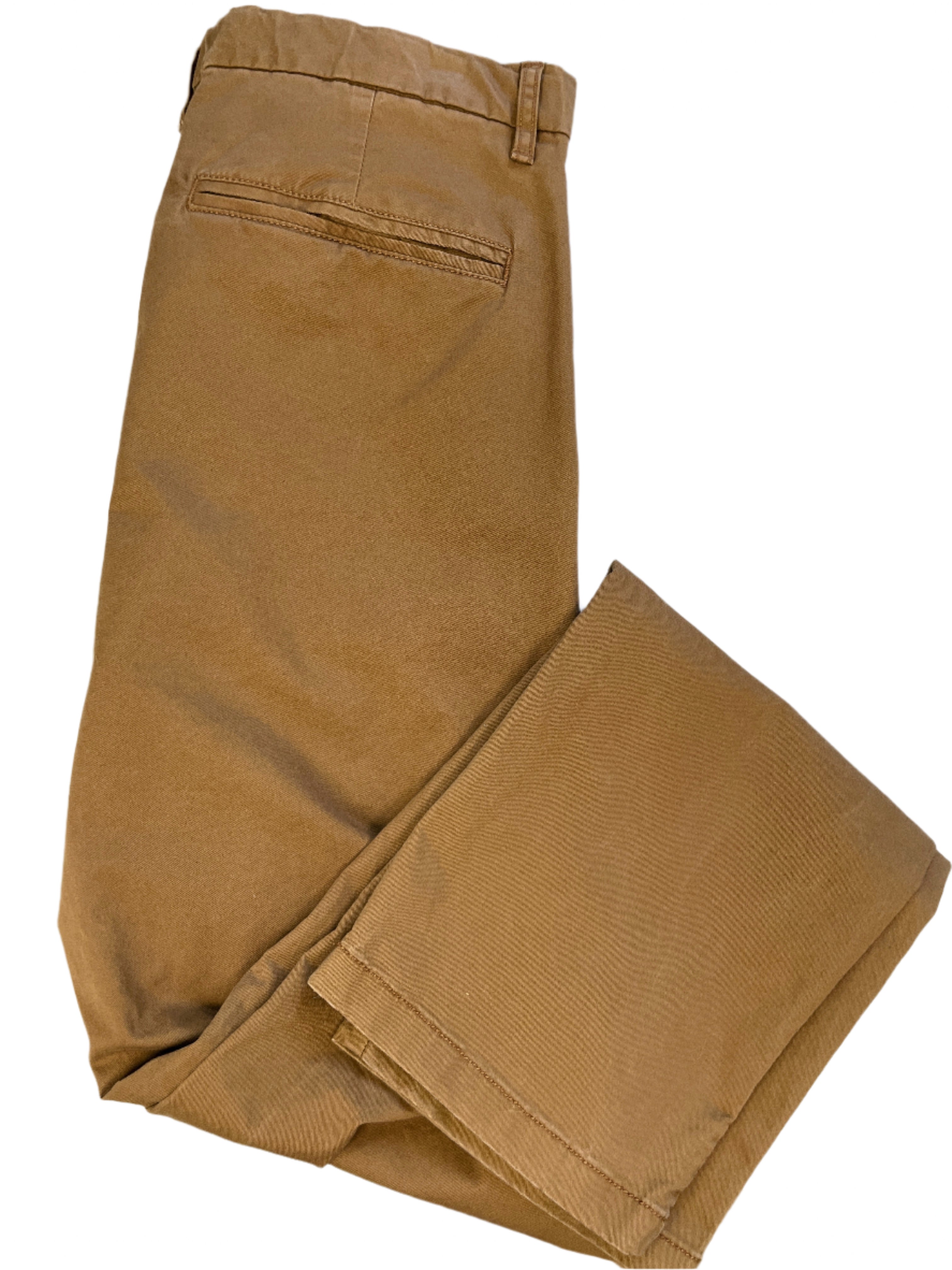 Brown slim fit pants by Old Navy, flat lay front and back with zipper fly and pockets, size medium