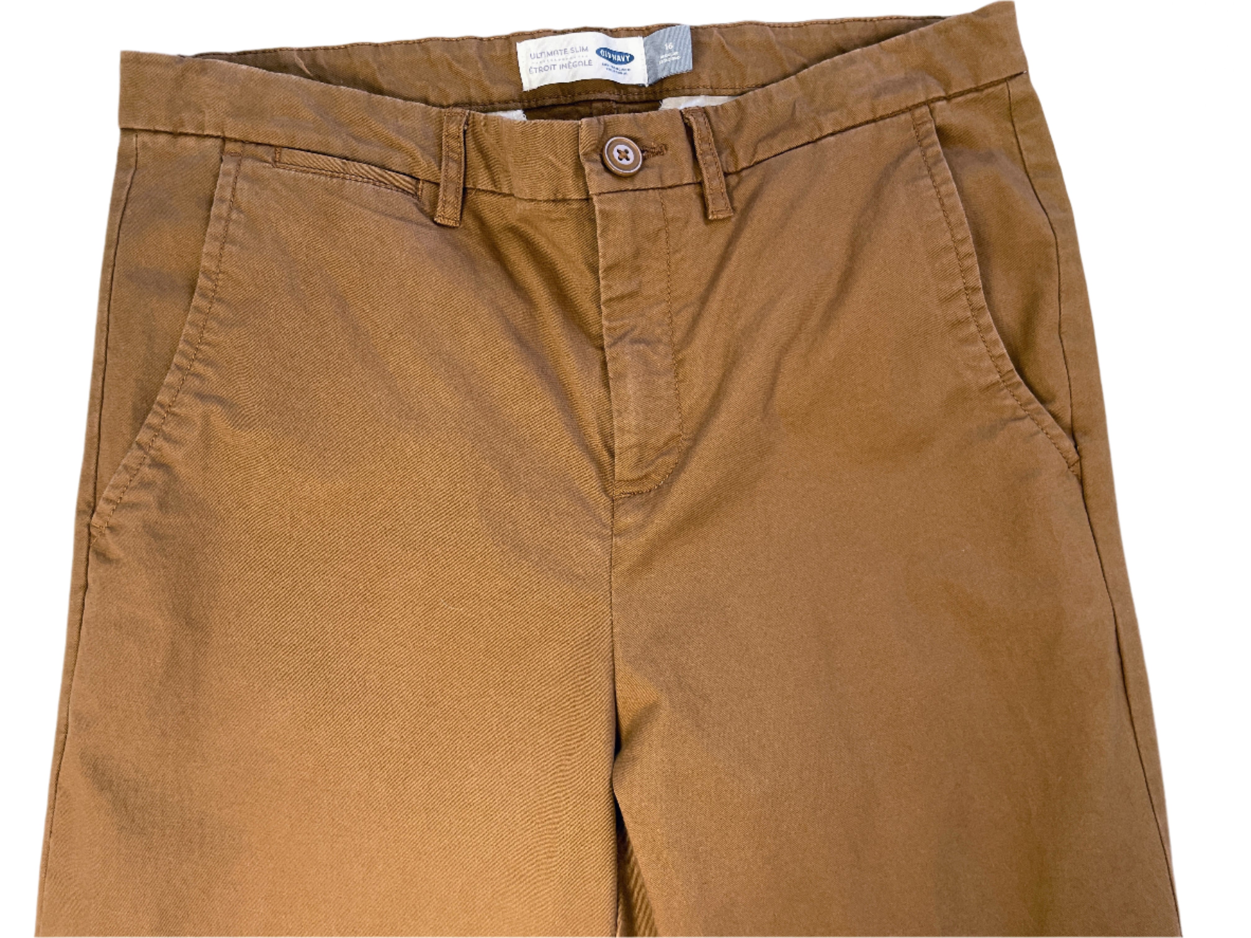 Brown pants with a visible brand label on a white background