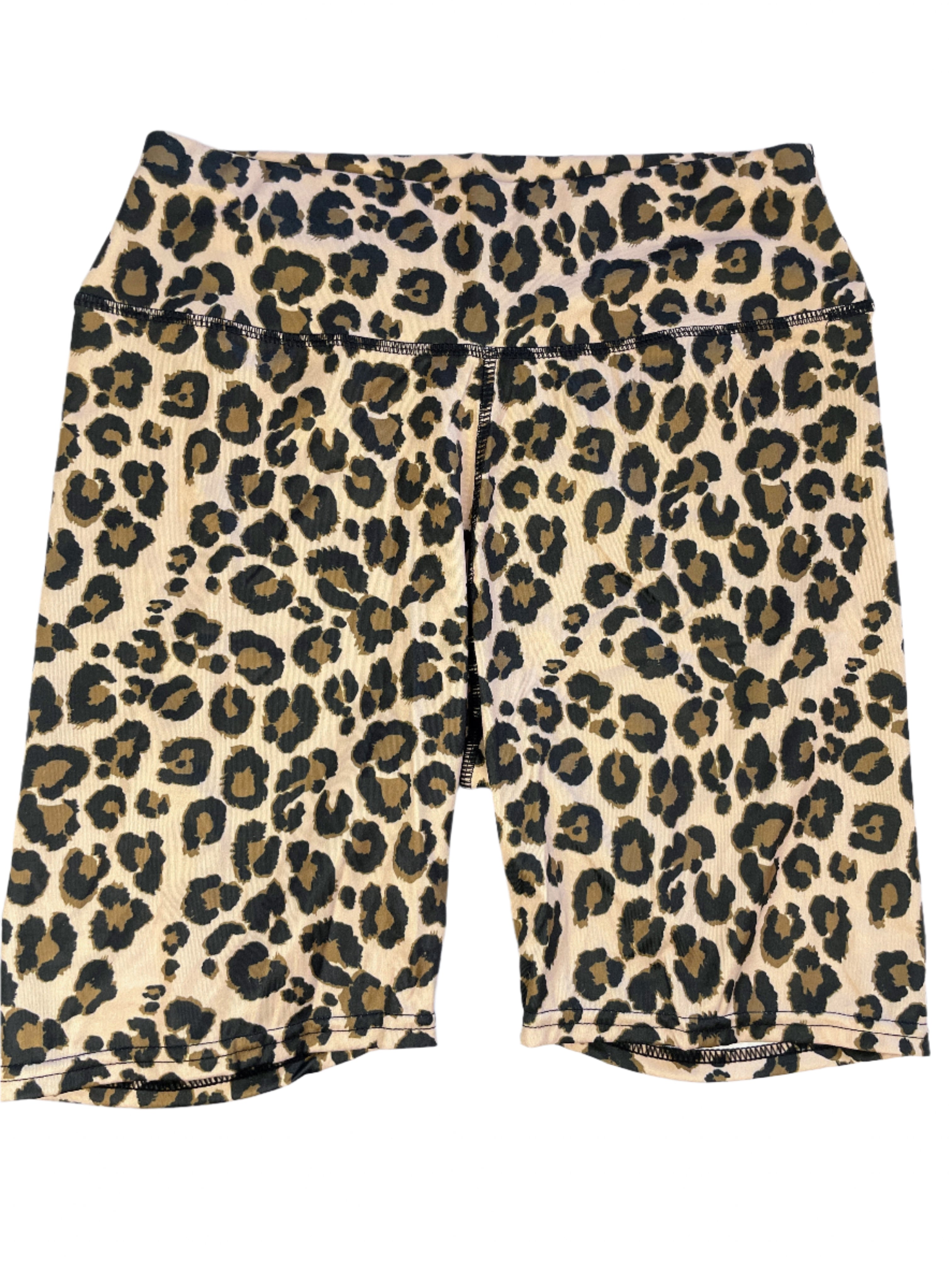 Leopard print spandex biker shorts in size medium laid flat