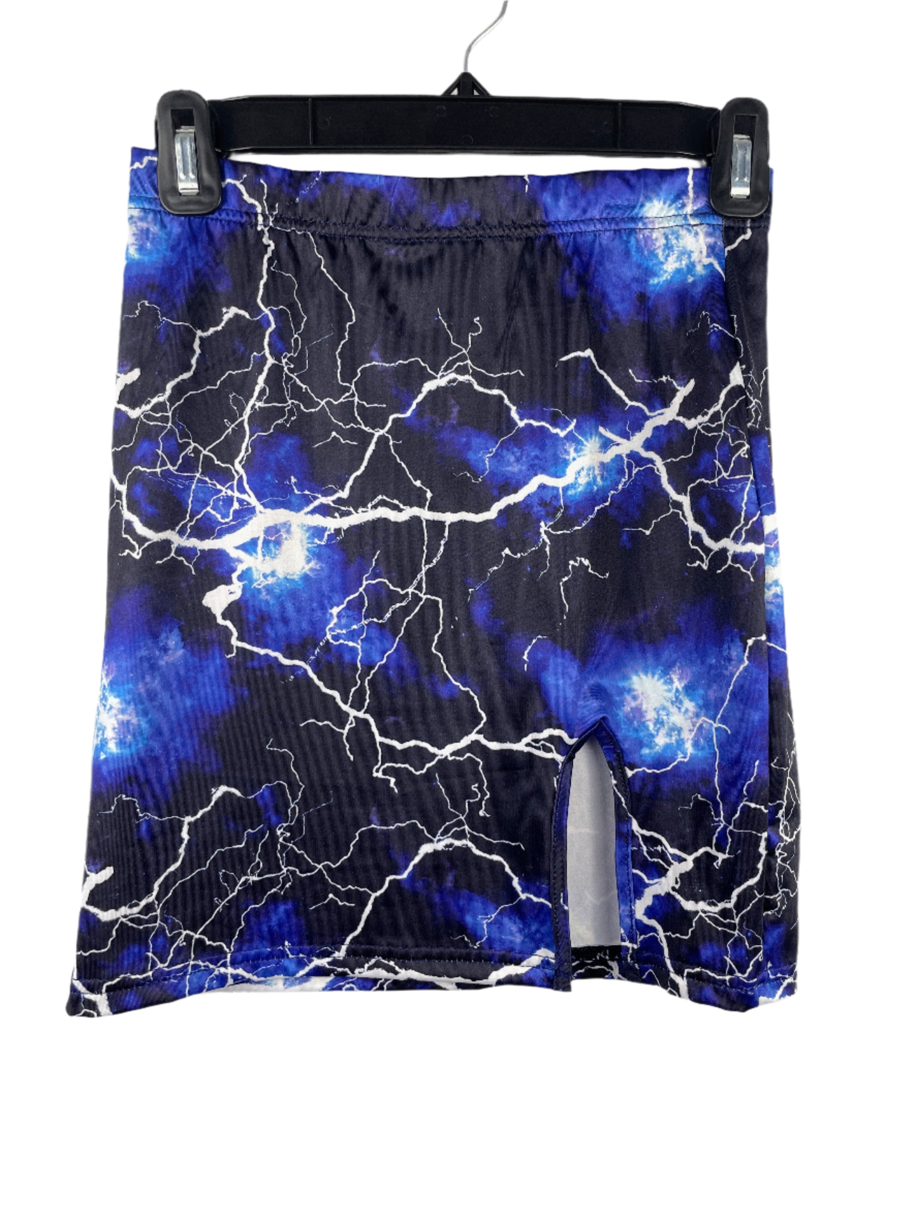 SHEIN blue and black lightning print bodycon mini skirt with front slit, size small