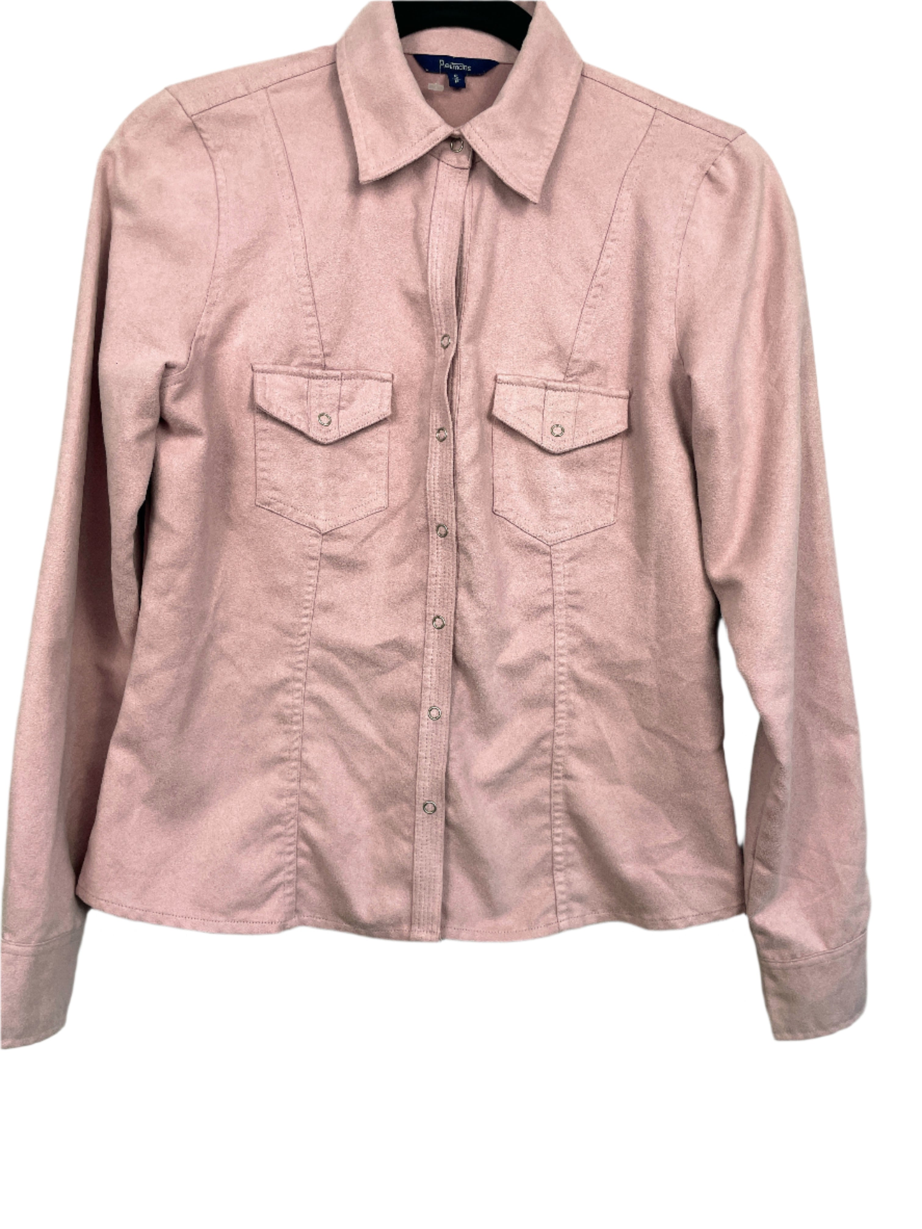 Front view of a pink faux suede Reitmans shacket, size small, with front flap pockets and button closures.