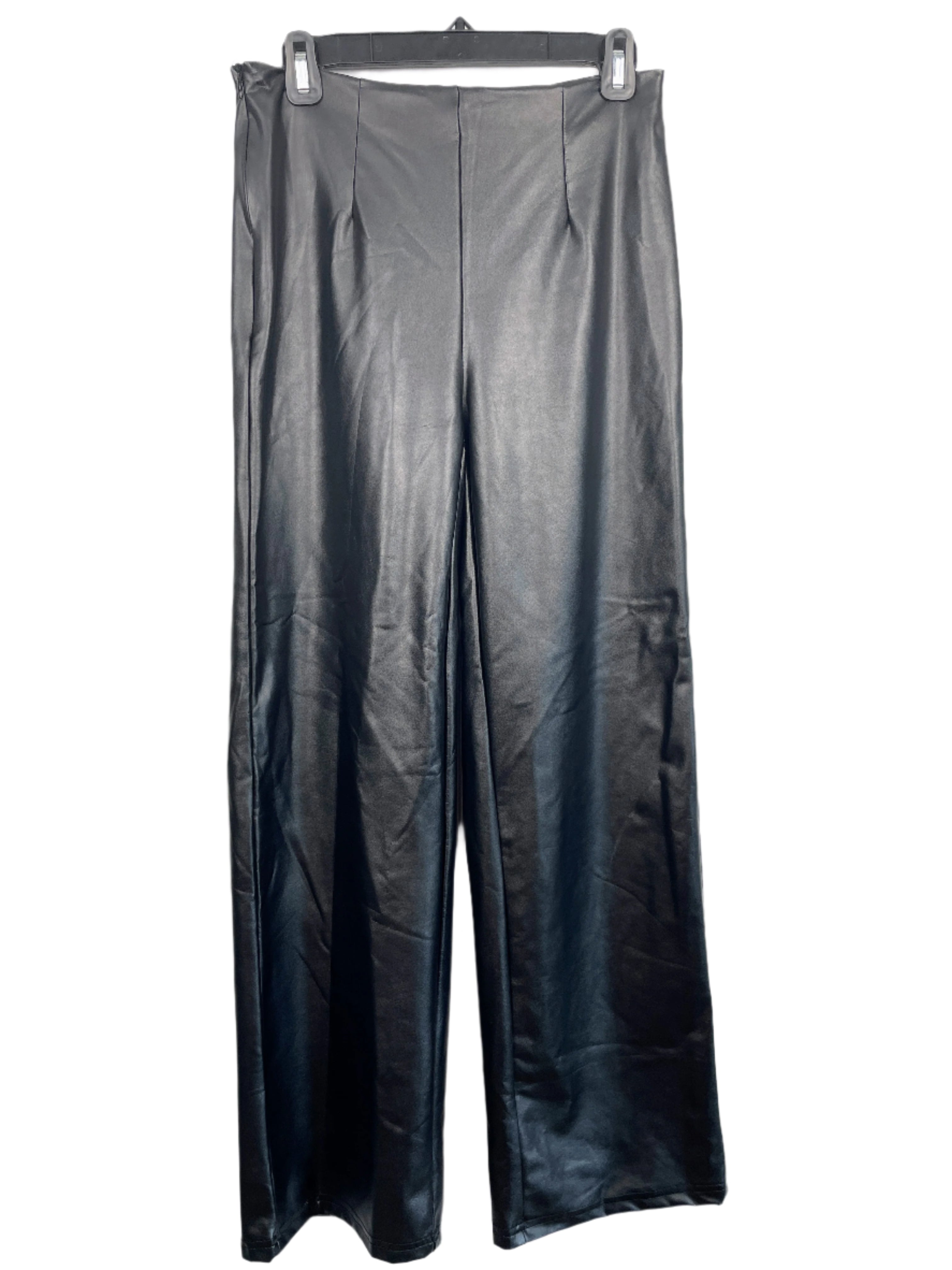 Front view of black SHEIN faux leather wide-leg pants, size medium with side zipper closure.