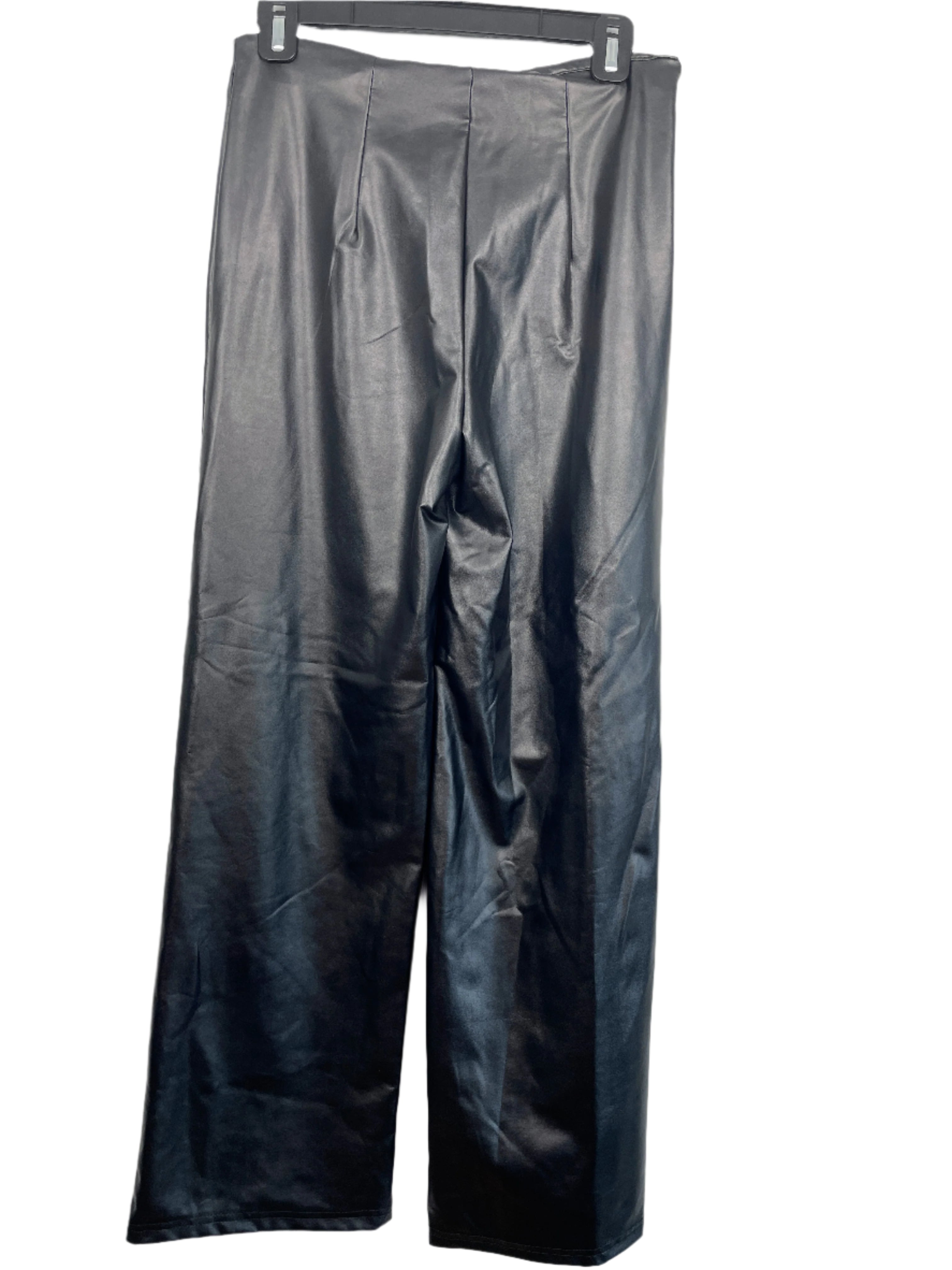back view of black SHEIN faux leather wide-leg pants, size medium with side zipper closure.