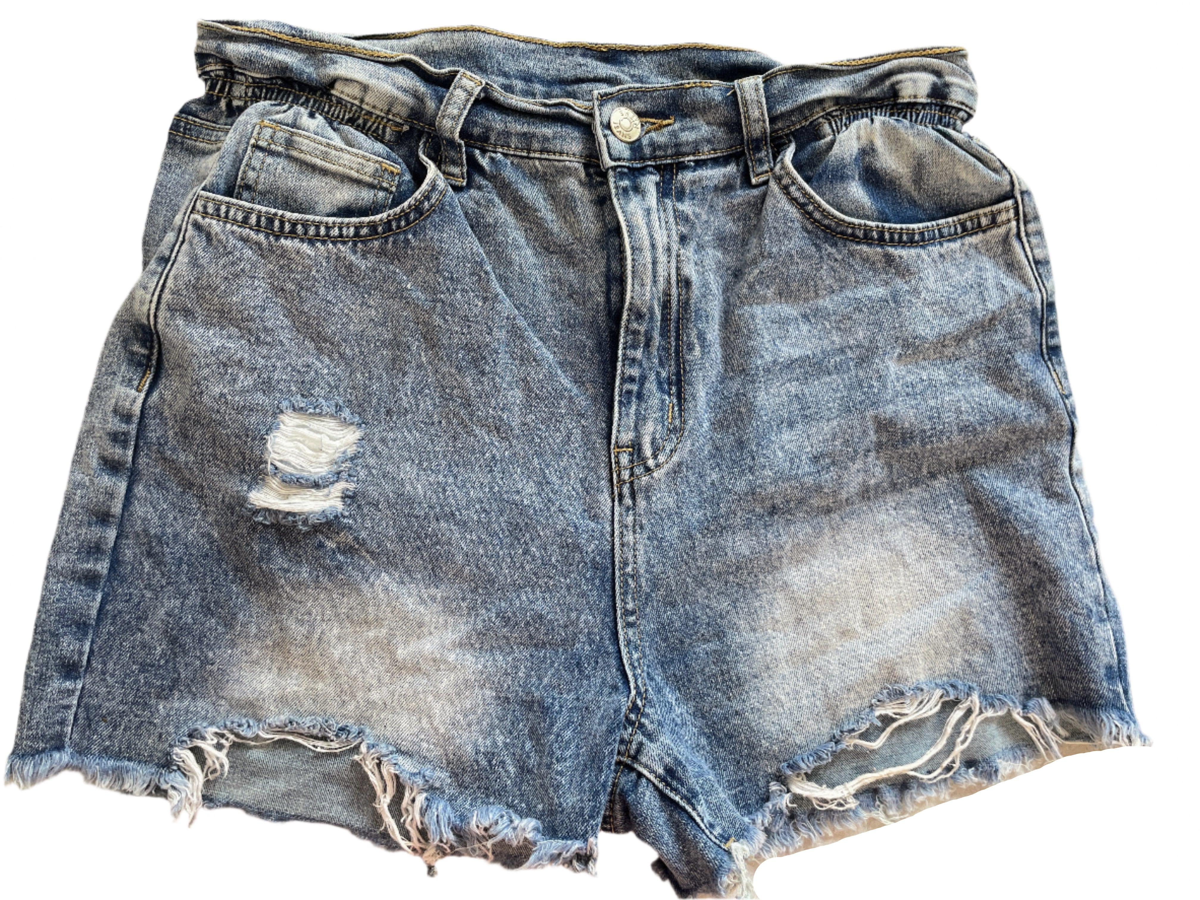 Front view of SHEIN distressed denim shorts with elastic scrunch waistband, frayed hem, size large.