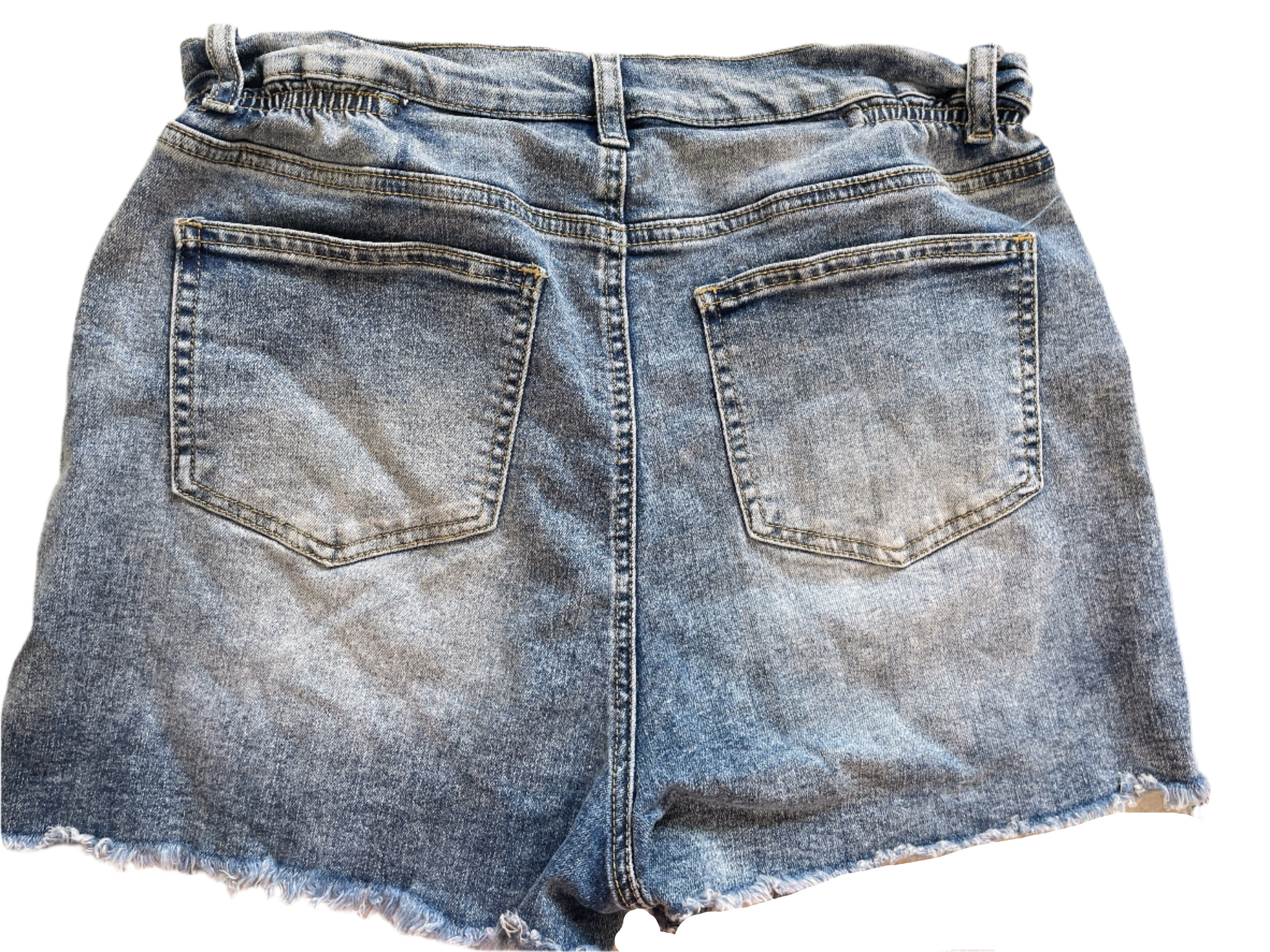 back view of SHEIN distressed denim shorts with elastic scrunch waistband, frayed hem, size large.