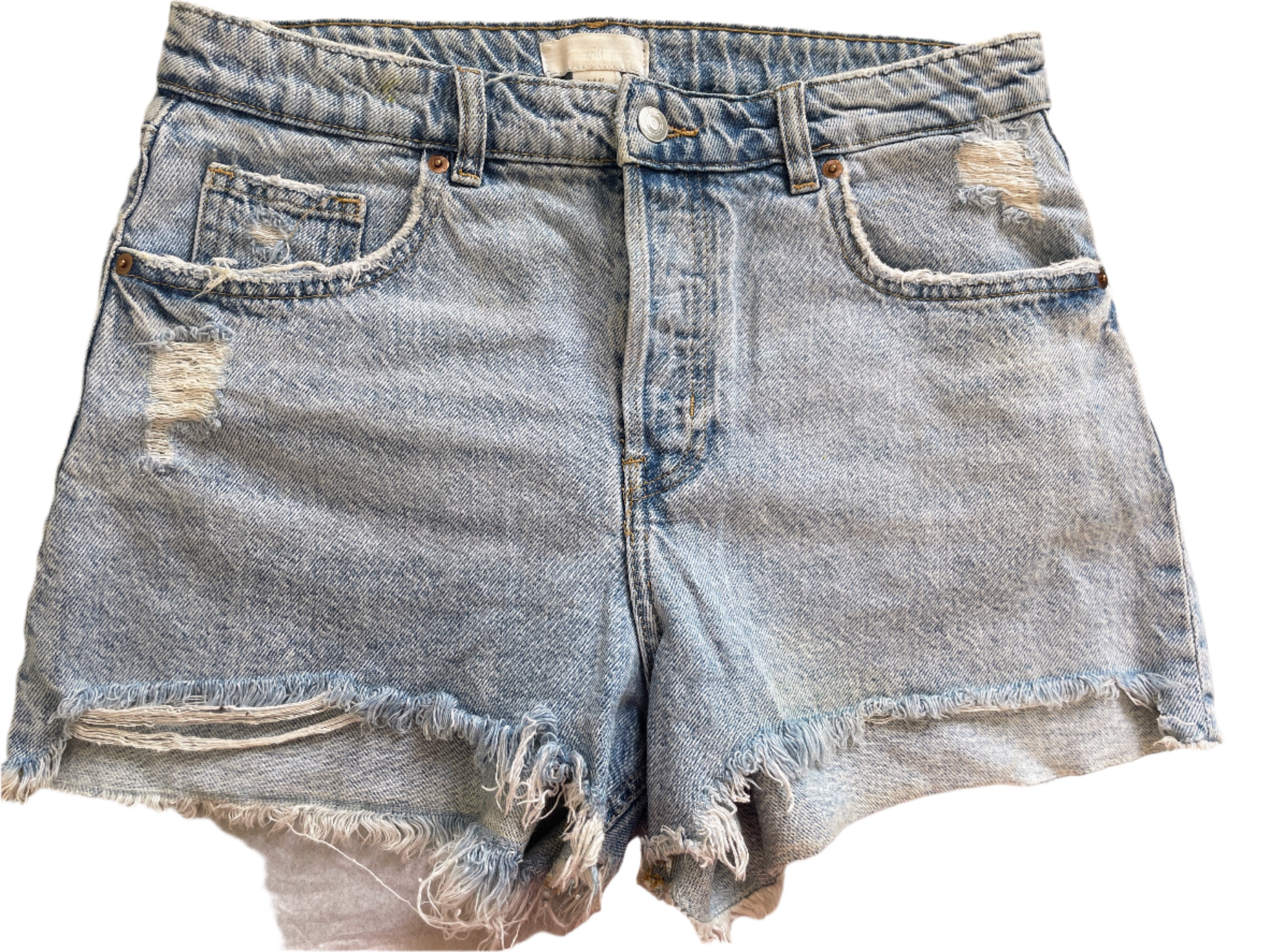 Front view of distressed H&M denim shorts with frayed hem and ripped details, size 10.