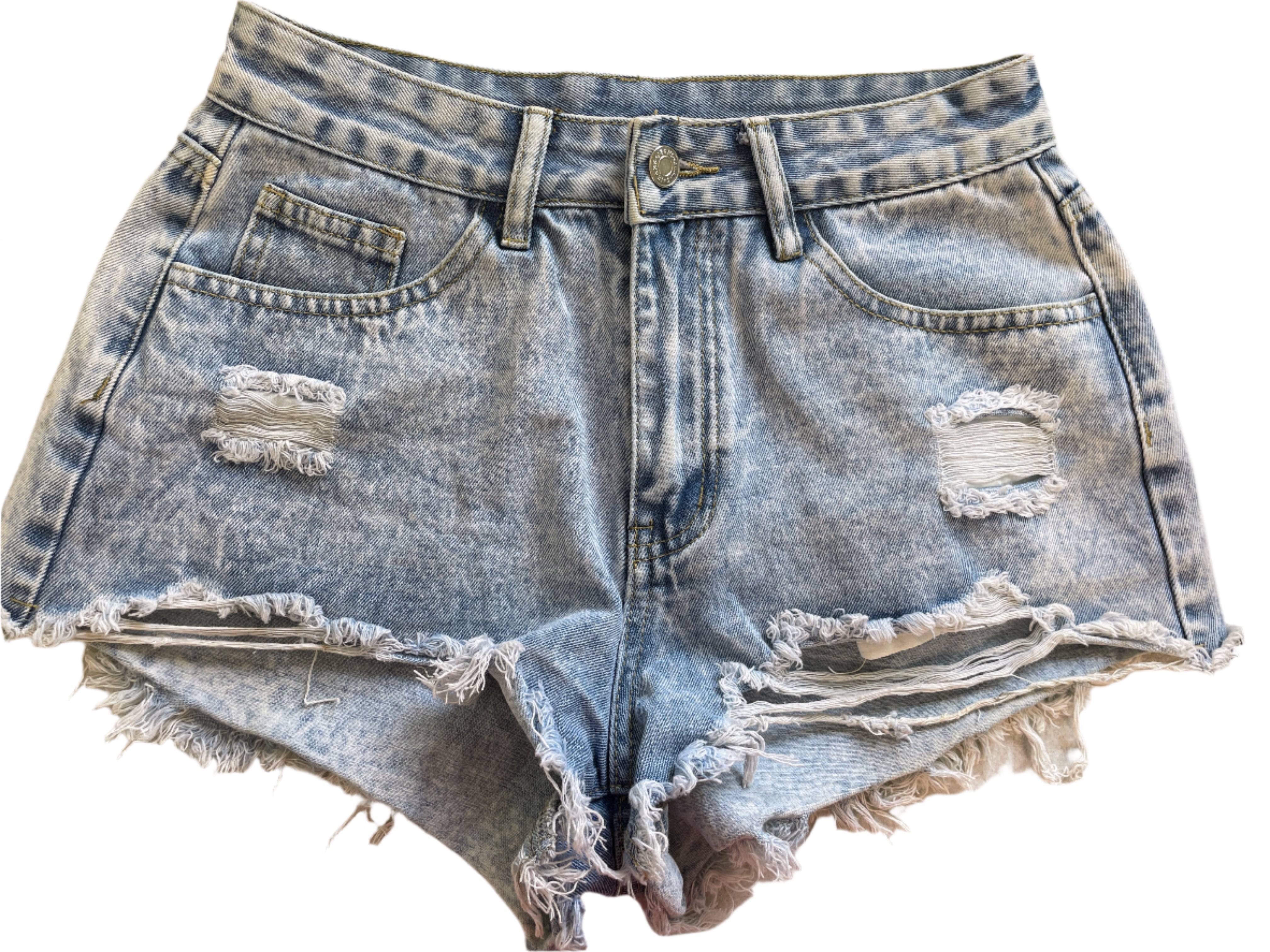 Front view of SHEIN light wash distressed denim shorts with frayed hem, size 28.
