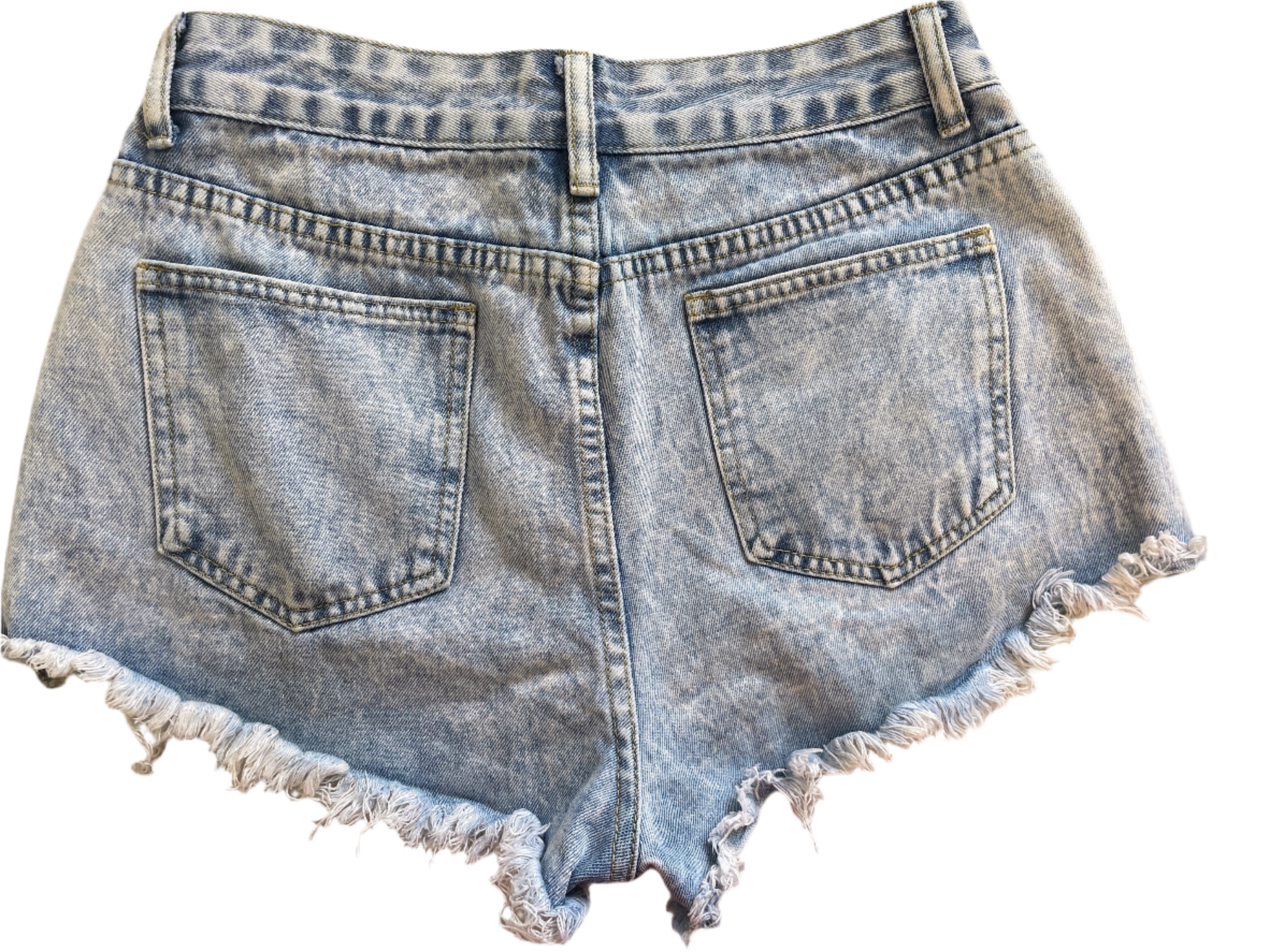 back view of SHEIN light wash distressed denim shorts with frayed hem, size 28.