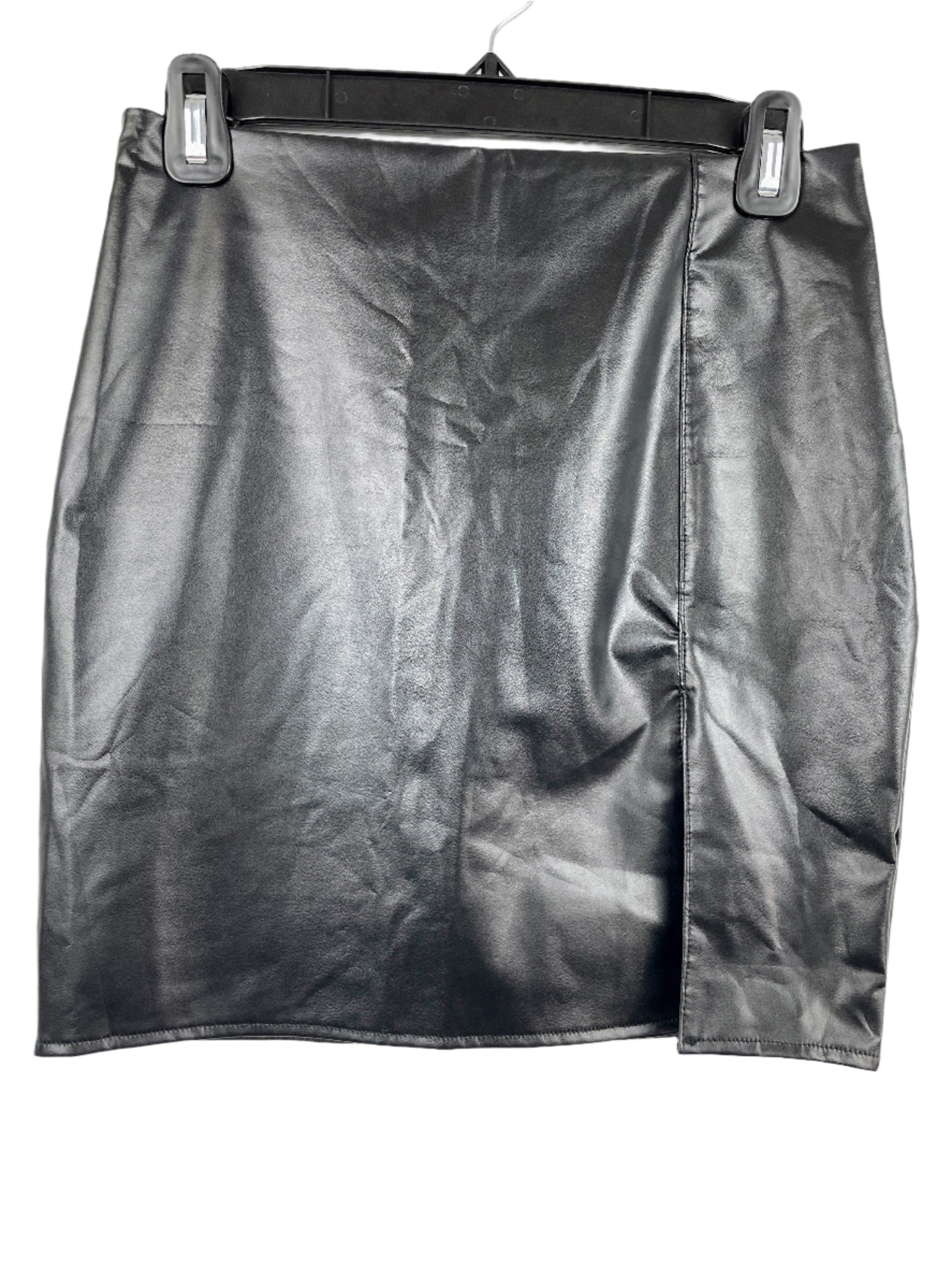Black faux leather mini skirt with front slit and back zipper, size small