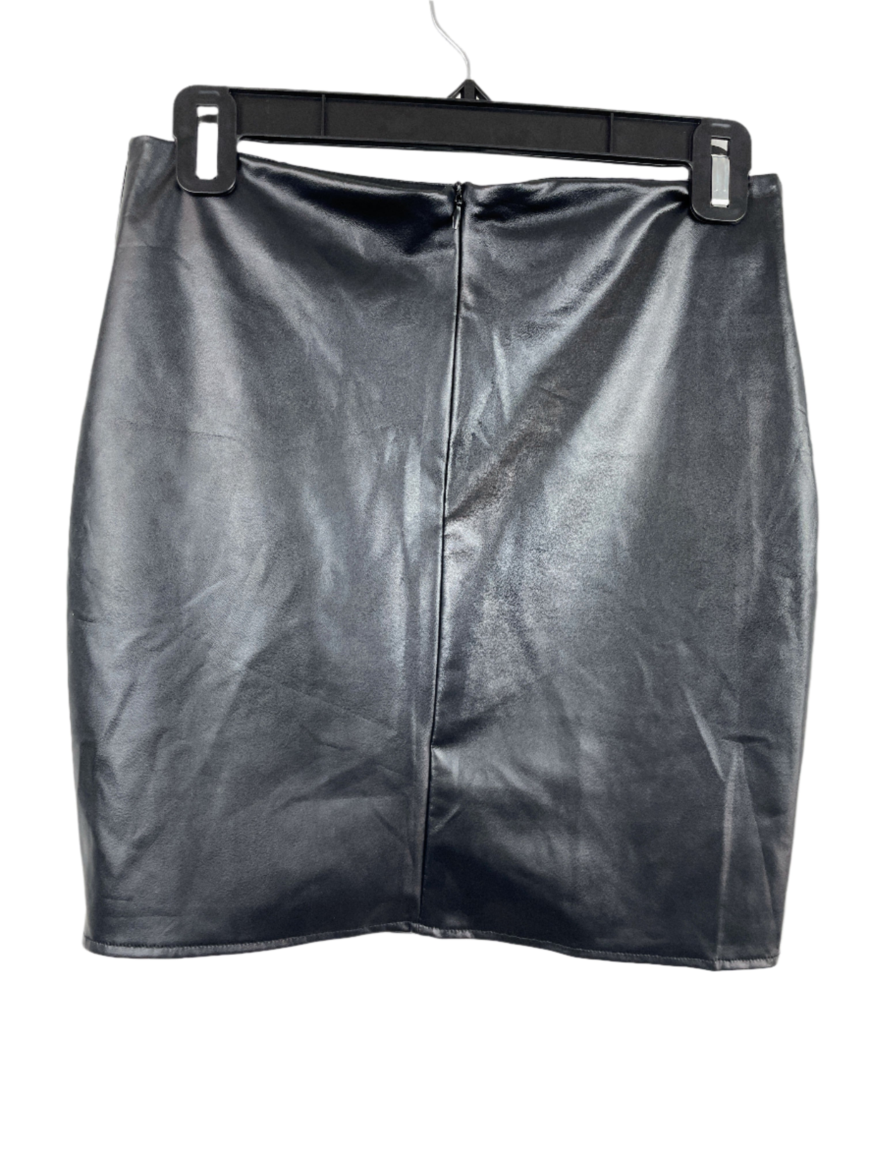 Black faux leather mini skirt with front slit and back zipper