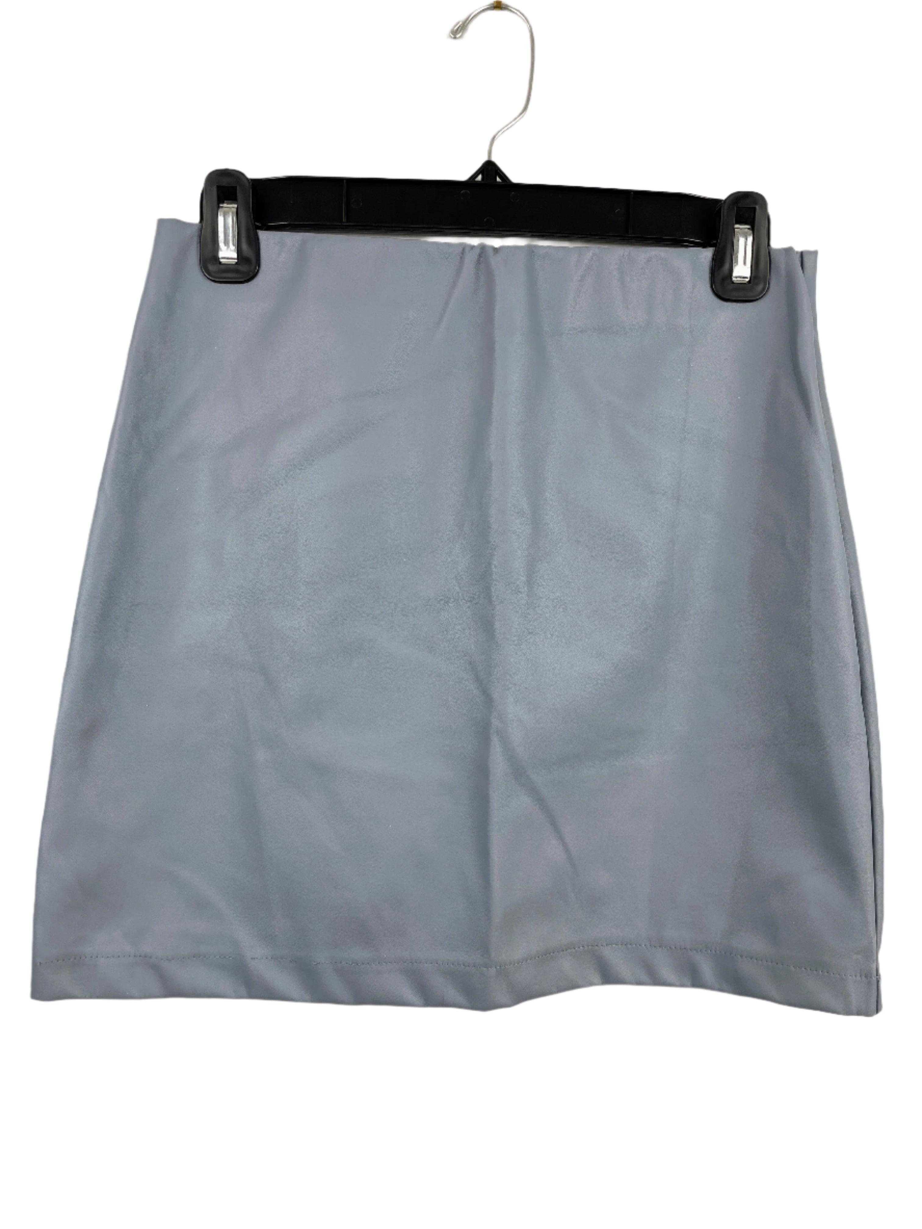Light blue Revamped faux leather mini skirt front view on hanger, size small.
