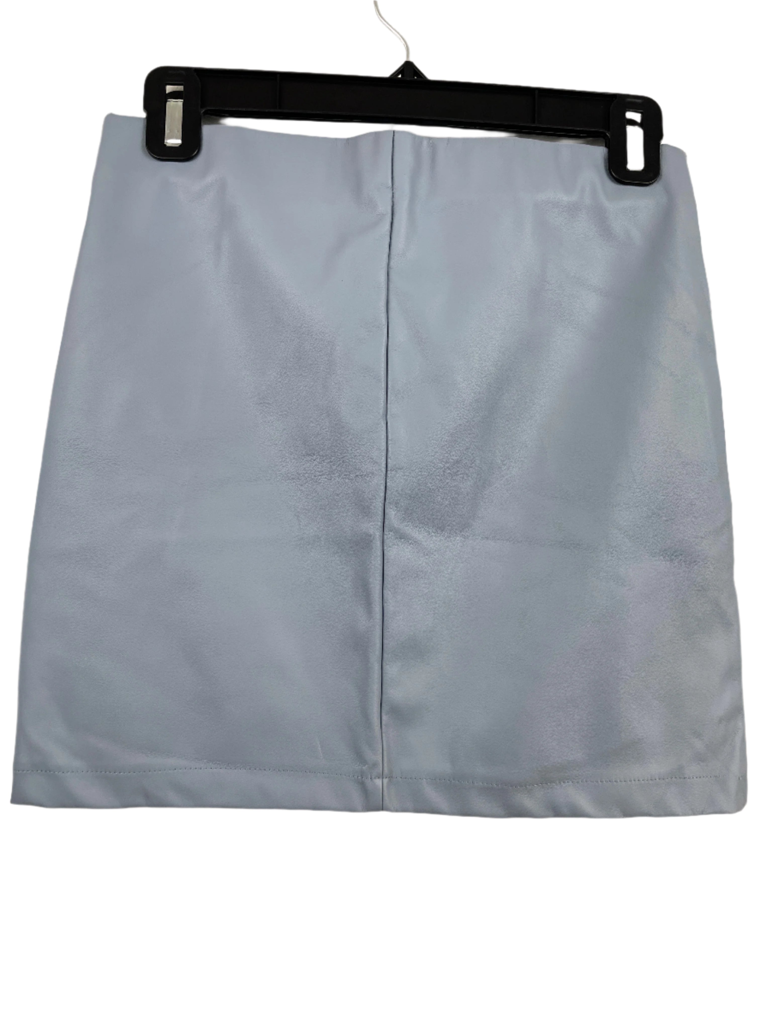 Light blue Revamped faux leather mini skirt back view on hanger, size small.