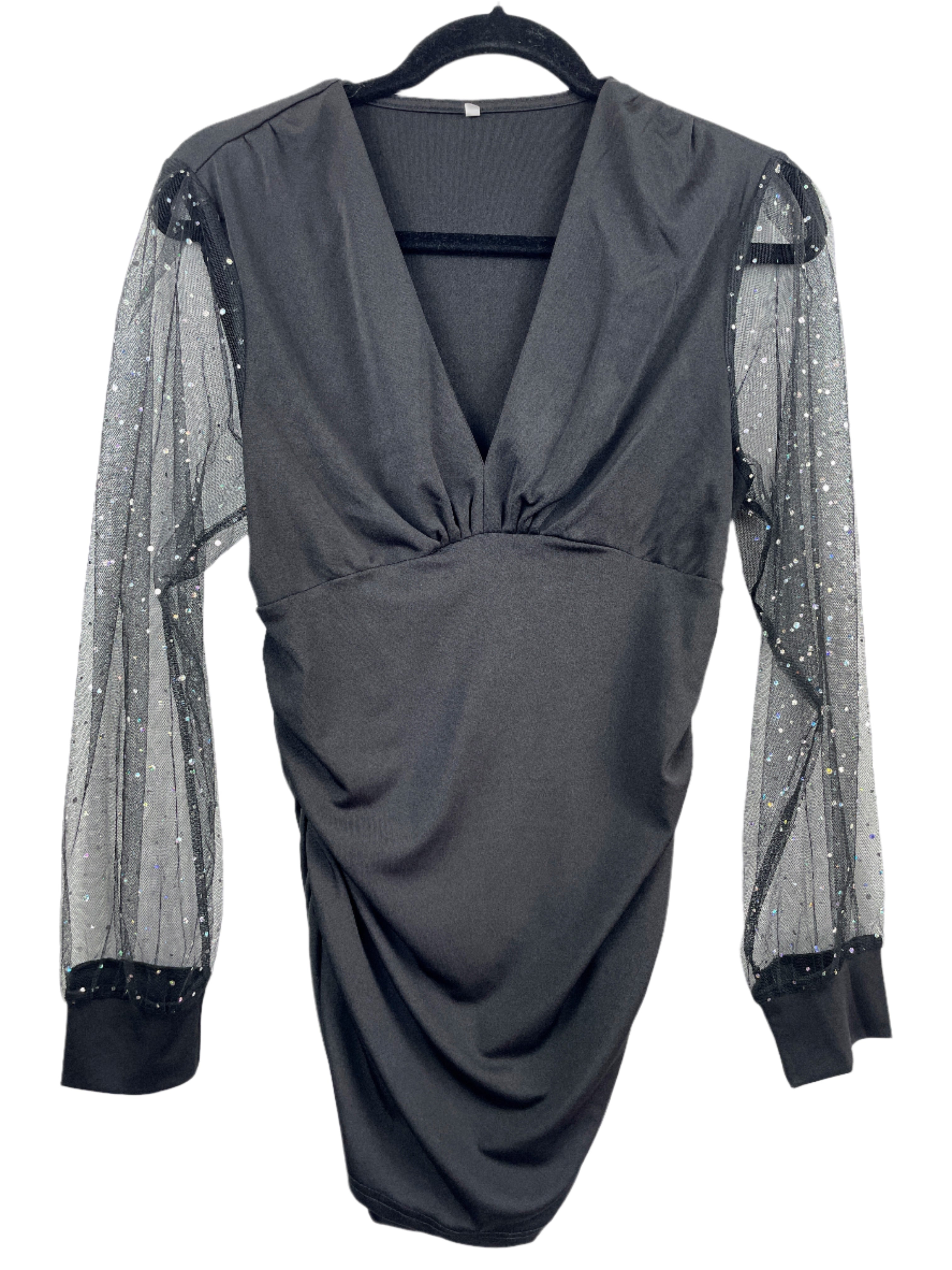 Front views of black bodycon dress with ruched sides and sheer glitter sleeves, size large
